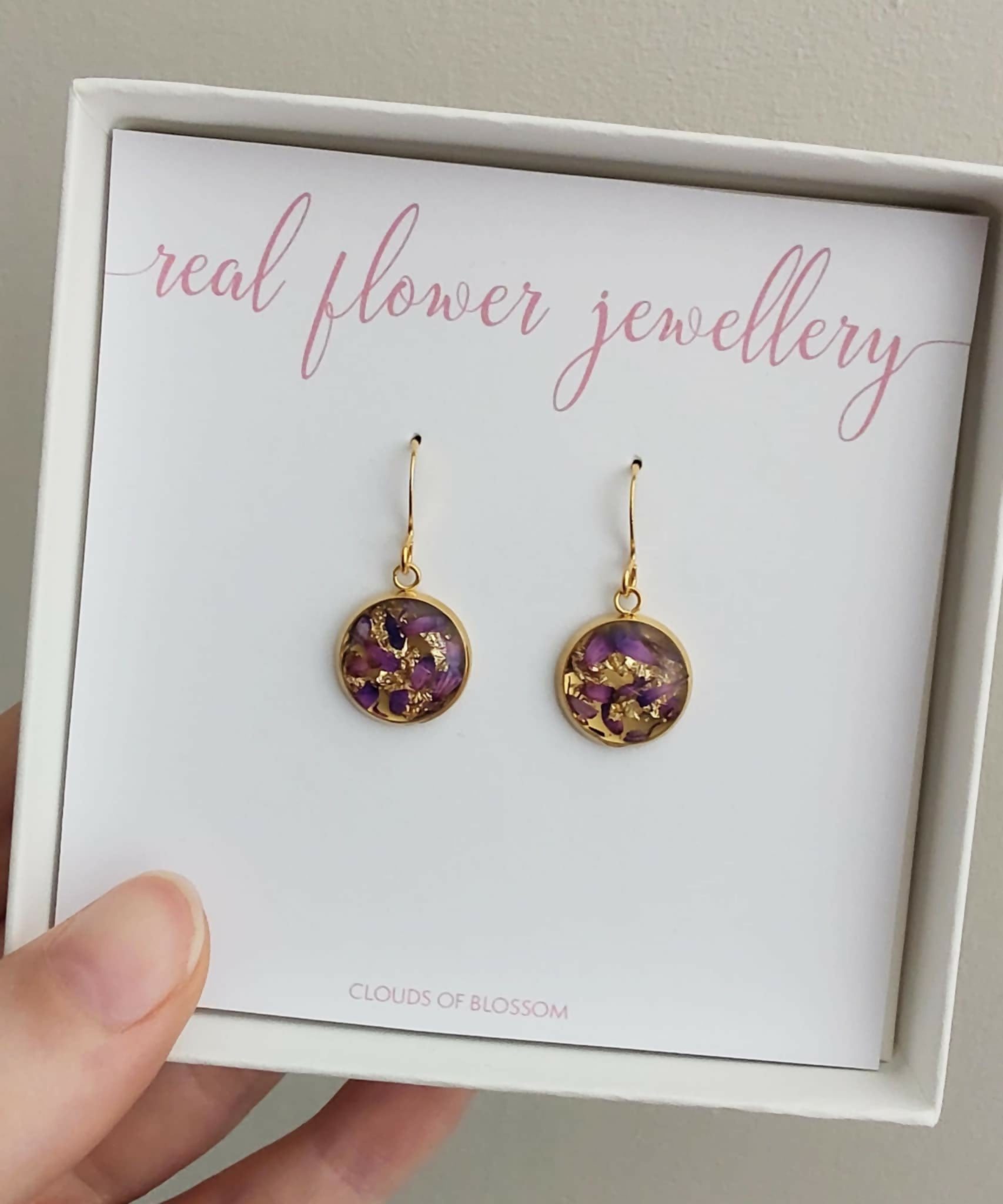 Purple Real Flower Circle Earrings Gold Plated