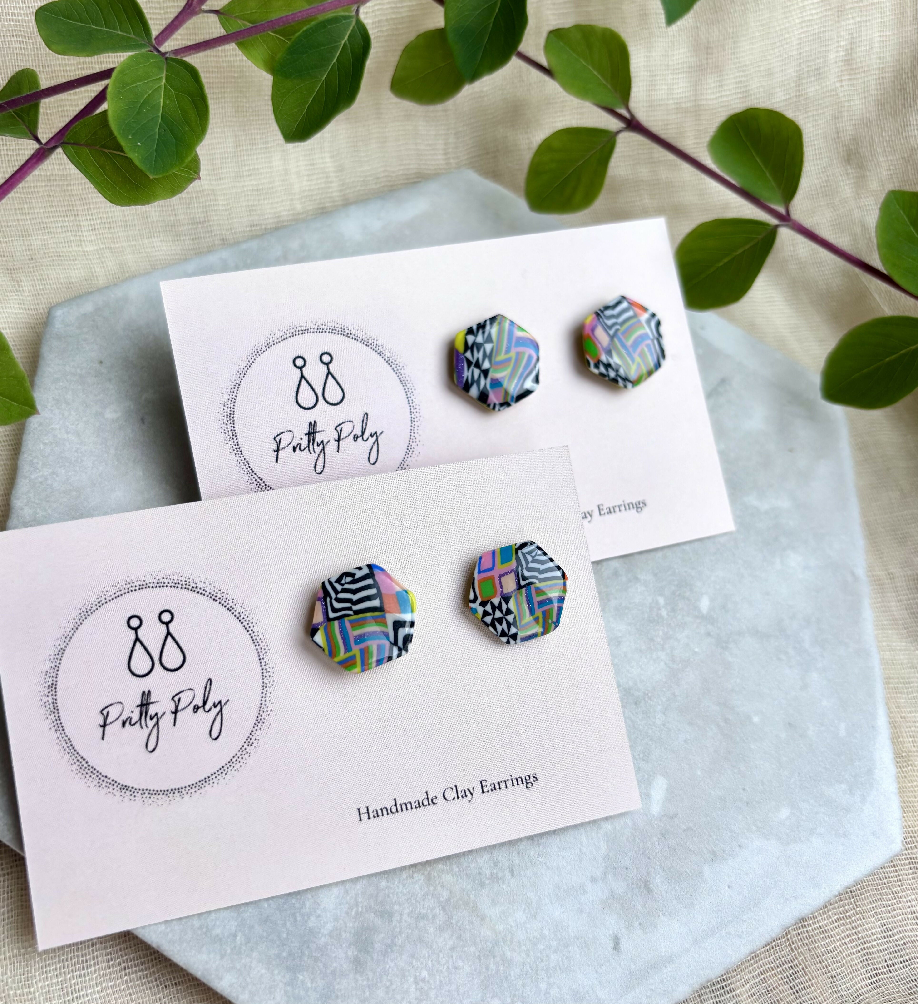 Colour, Black and Pattern Hexagon Polymer Clay Studs