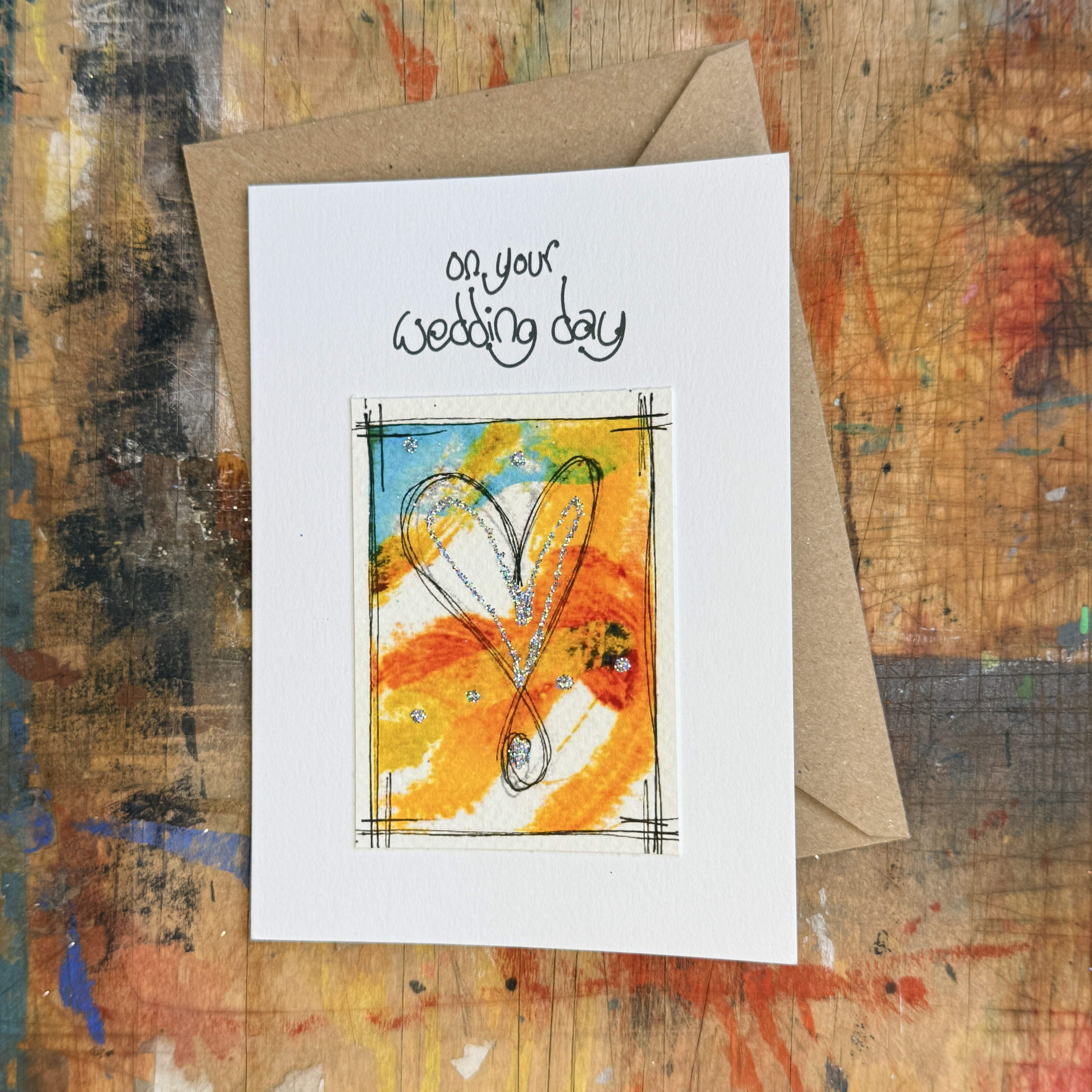 Abstract Sparkle Heart On Your Wedding Day Card in Yellow