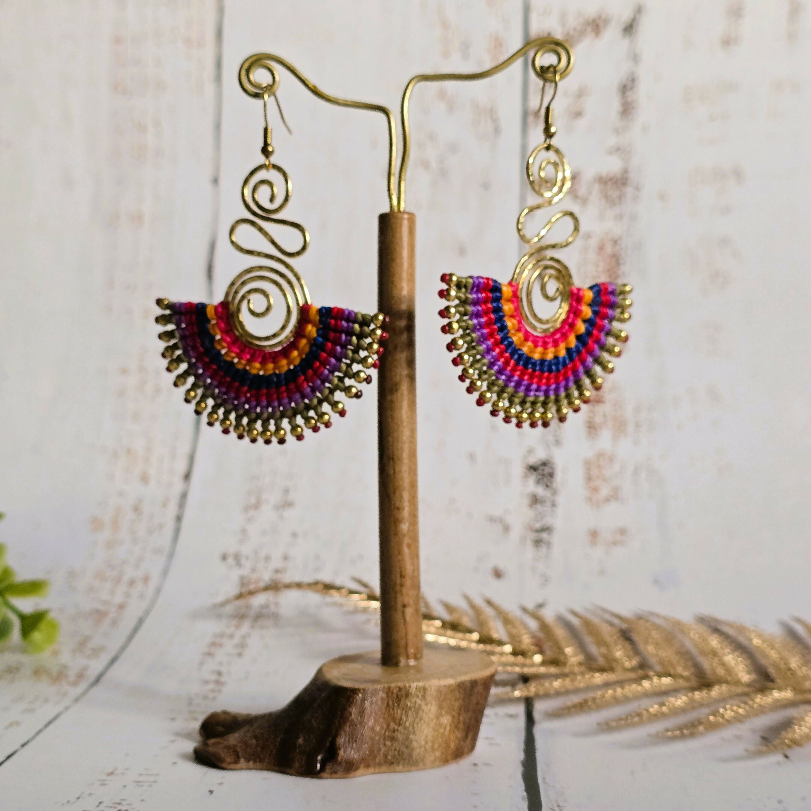 Rainbow Macrame Earrings; Statement Colourful Gold Wire Spiral Exotic Thai Boho Earrings