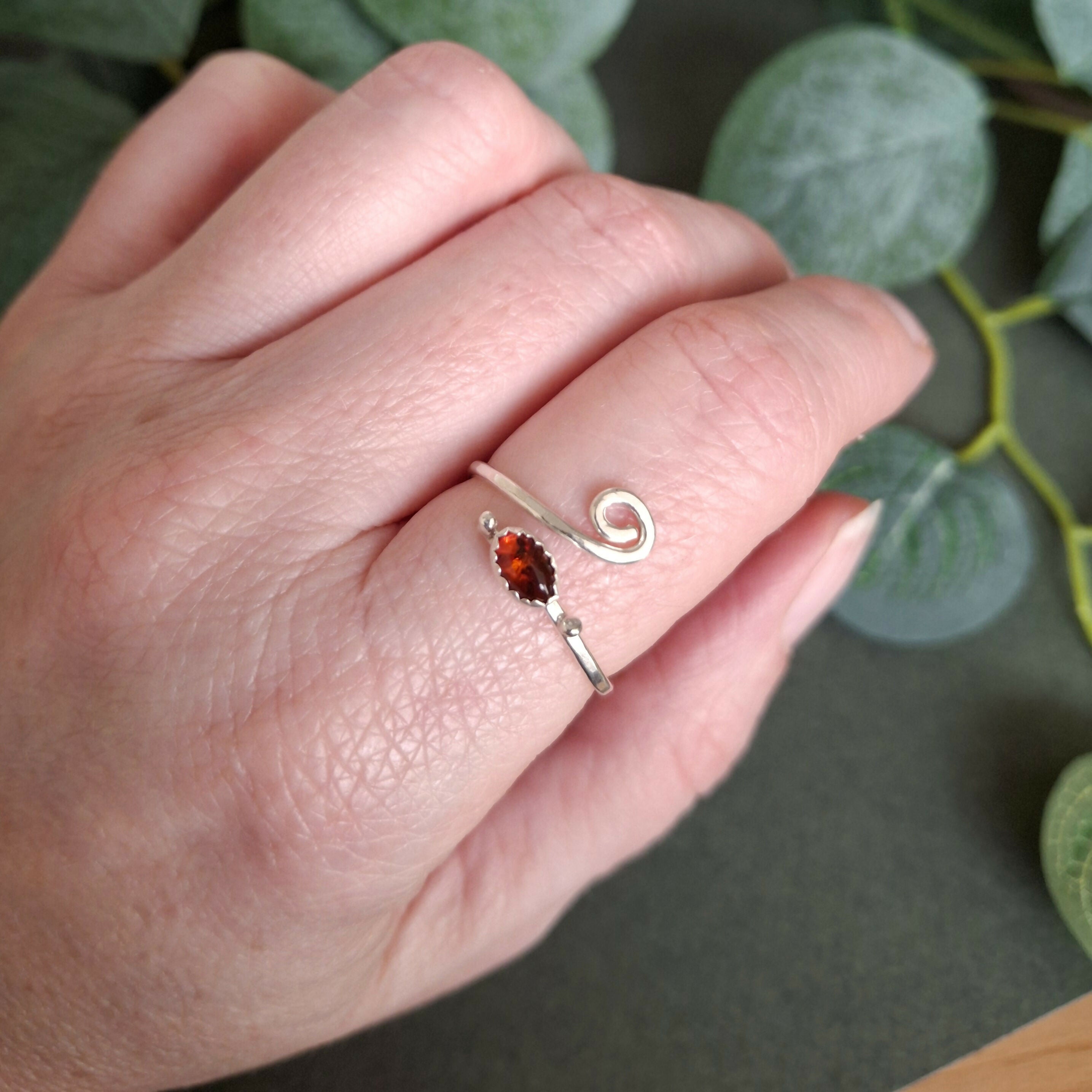 Handmade Adjustable Silver Amber Ring Size R