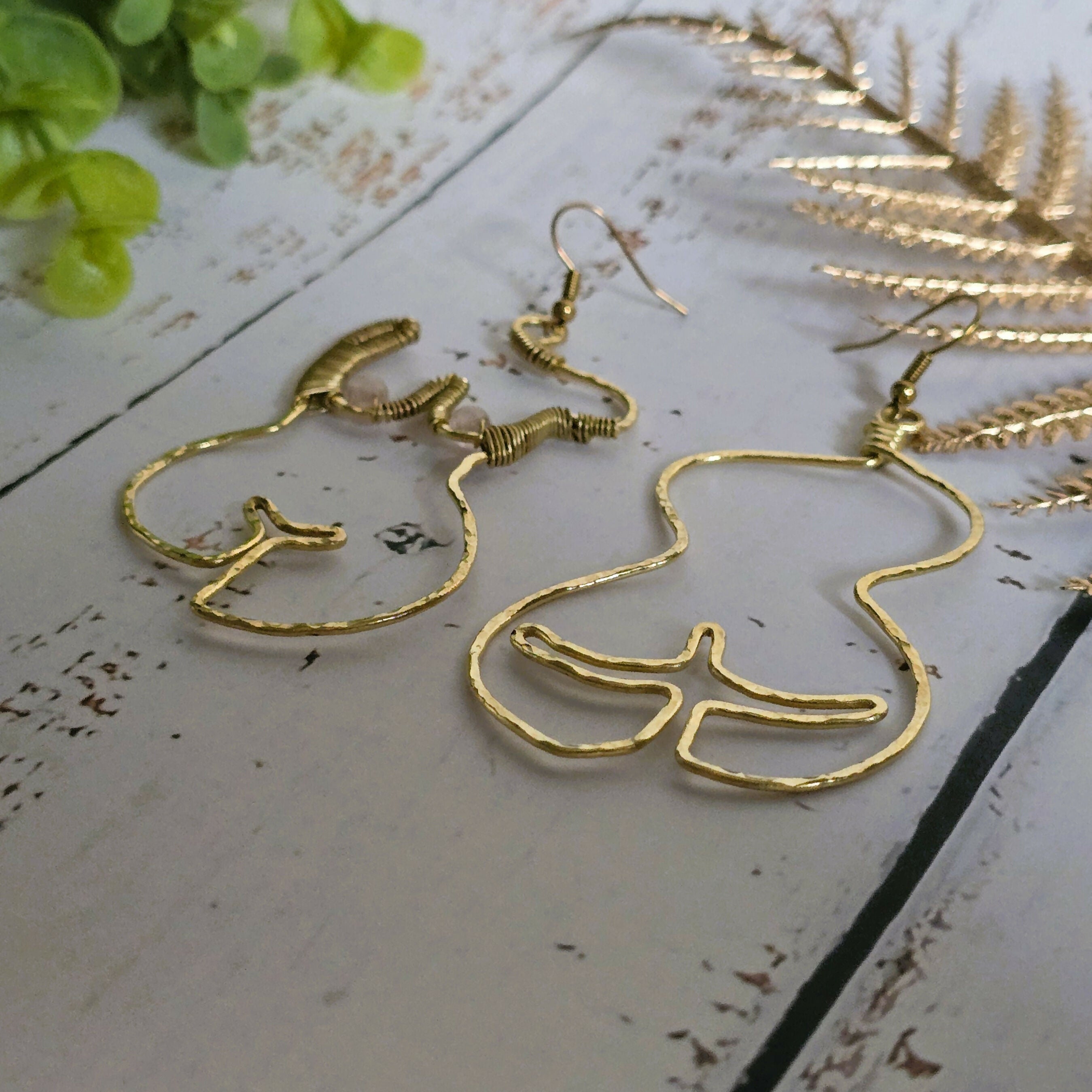 Goddess Woman Form Earrings; Rose Quartz Crystal Feminist Boob Nude Art Female Empowerment Gold Wire Earrings