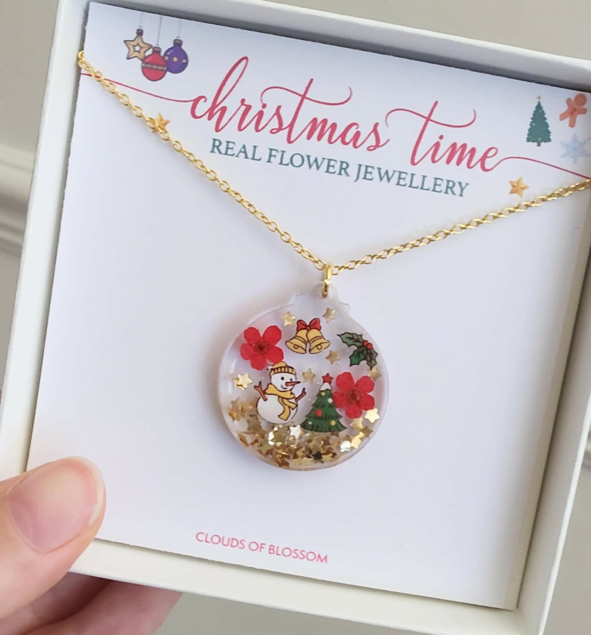 Christmas Snowman Real Flower Necklace Gold Plated