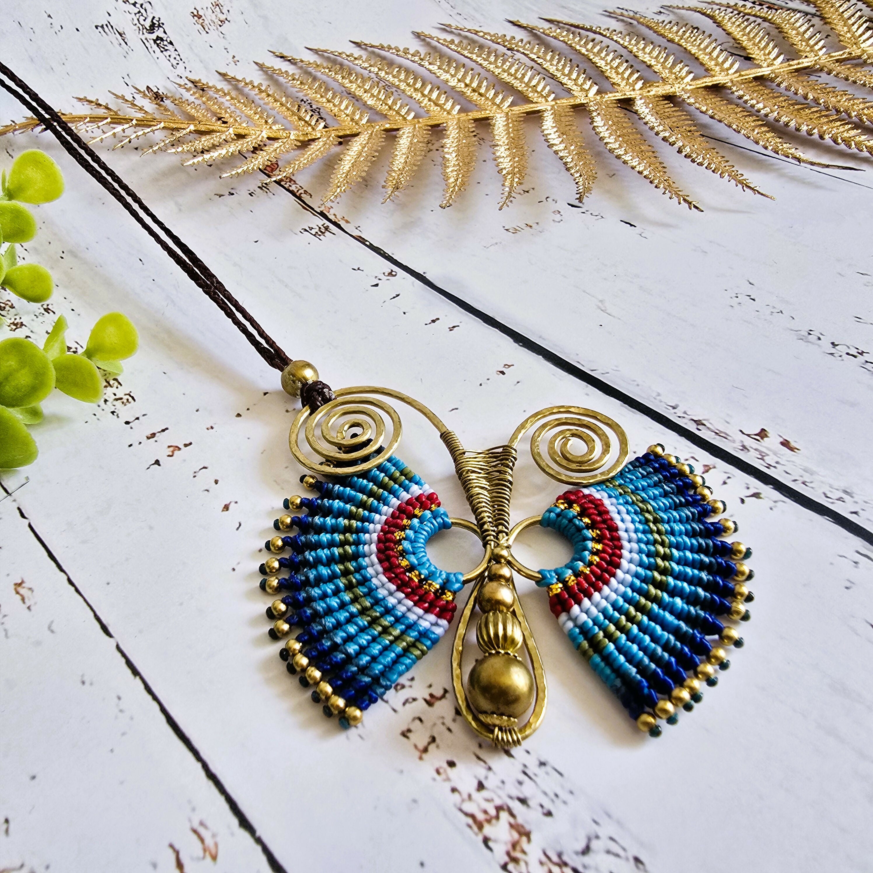 Blue Butterfly Necklace; Handcrafted Macramé & Gold Wire Art Statement Pendant