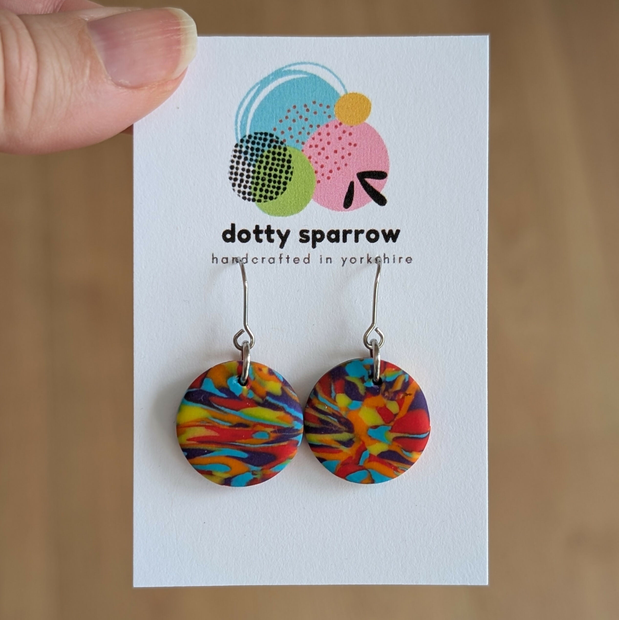 Orange Purple Turquoise Yellow Abstract Circle Dangle Handmade Polymer Clay Earrings
