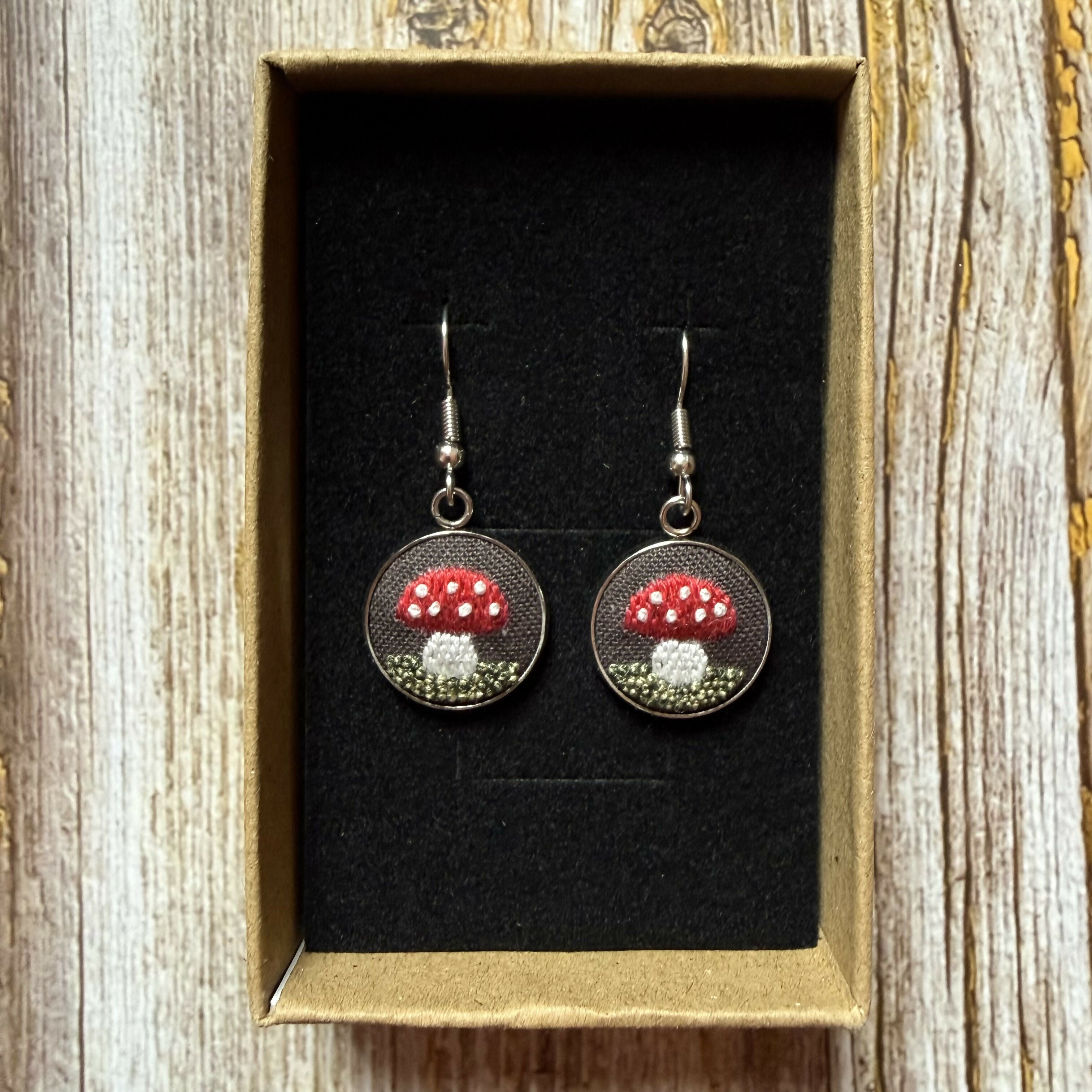 Hand Embroidered Mushroom Earrings
