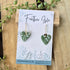 White And Green Leaf Print Heart Earrings