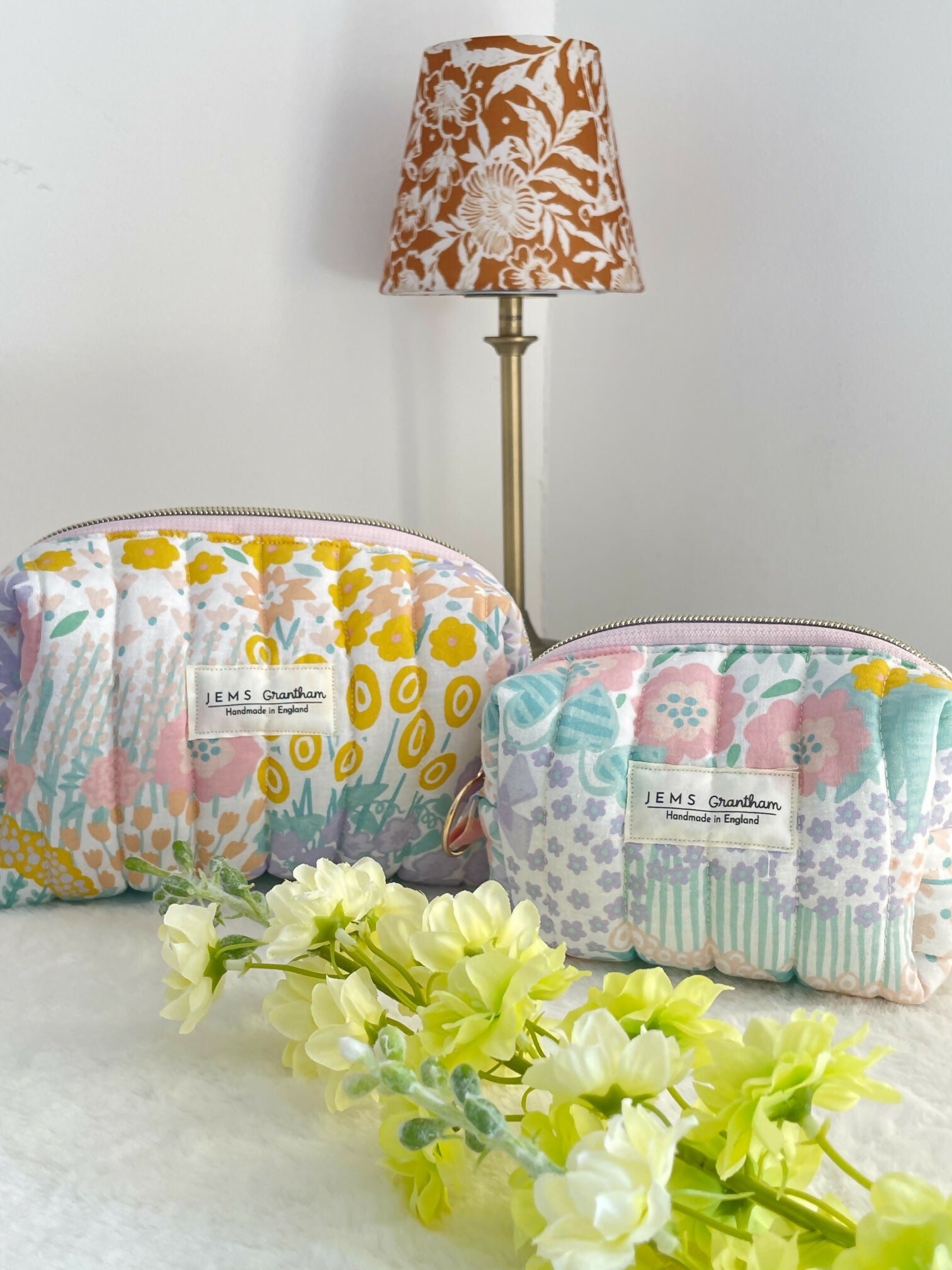 Quilted Toiletry Bag with zipper Meadow Print Handmade in UK