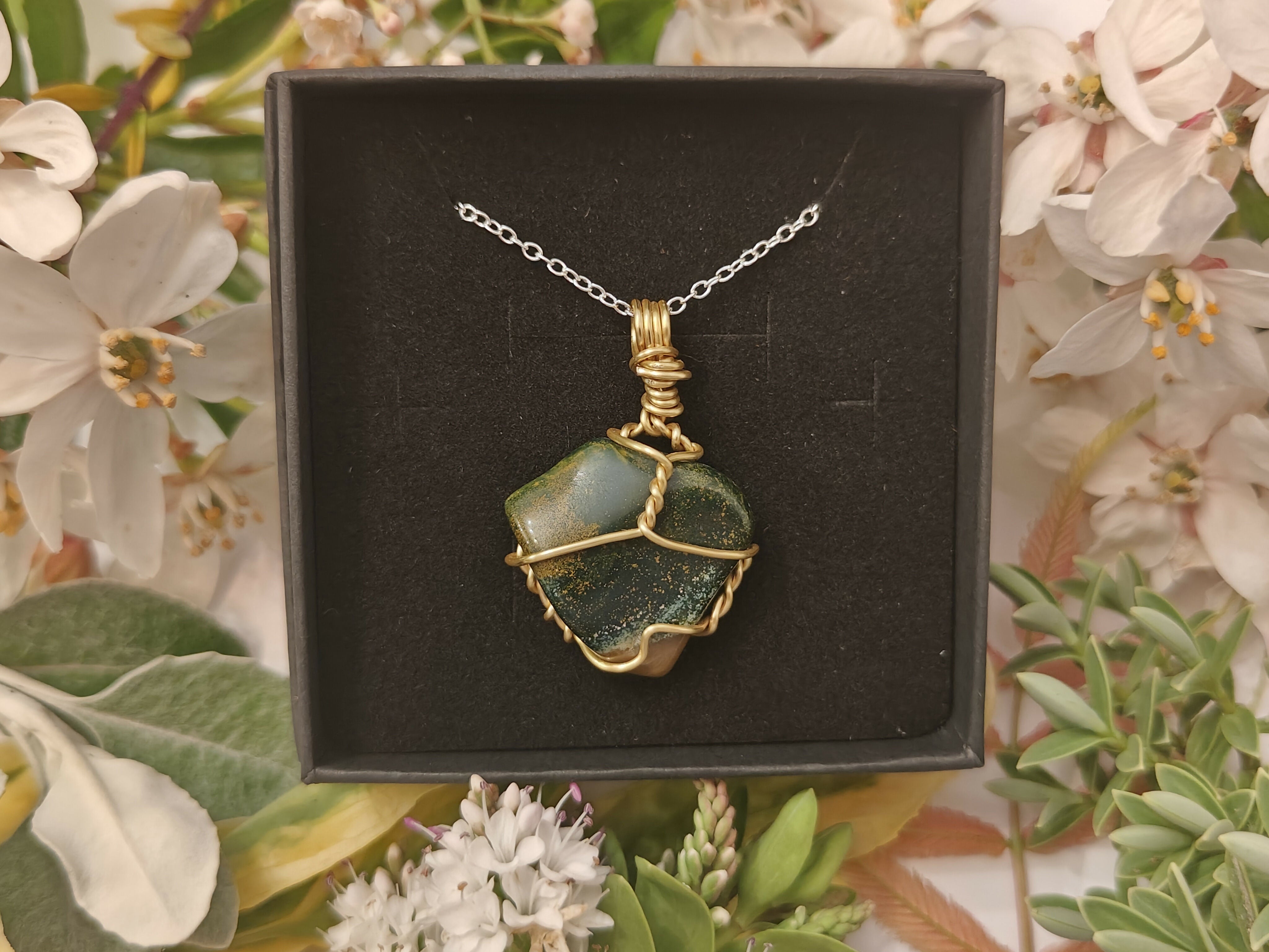 Jasper Wire Wrapped Crystal Necklace on Sterling Silver Chain