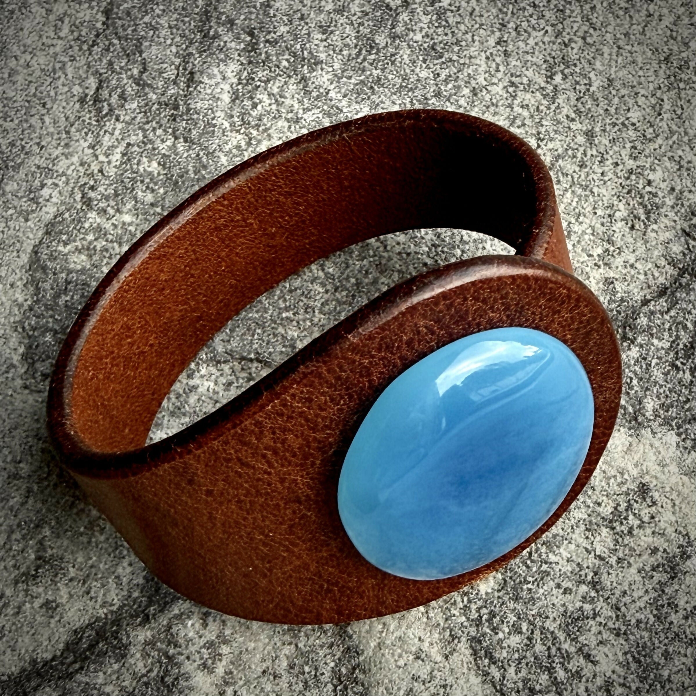 Handcrafted Natural Leather & Blue Paraiba Chalcedony Gemstone Bracelet - Size S or M