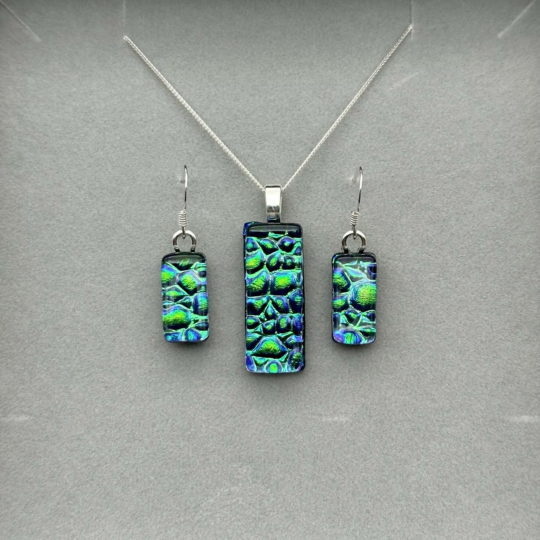 Emerald Green Raindrop Dichroic Glass Necklace and Earrings Set - Sterling Silver, Handmade by Jade Tapson Glass