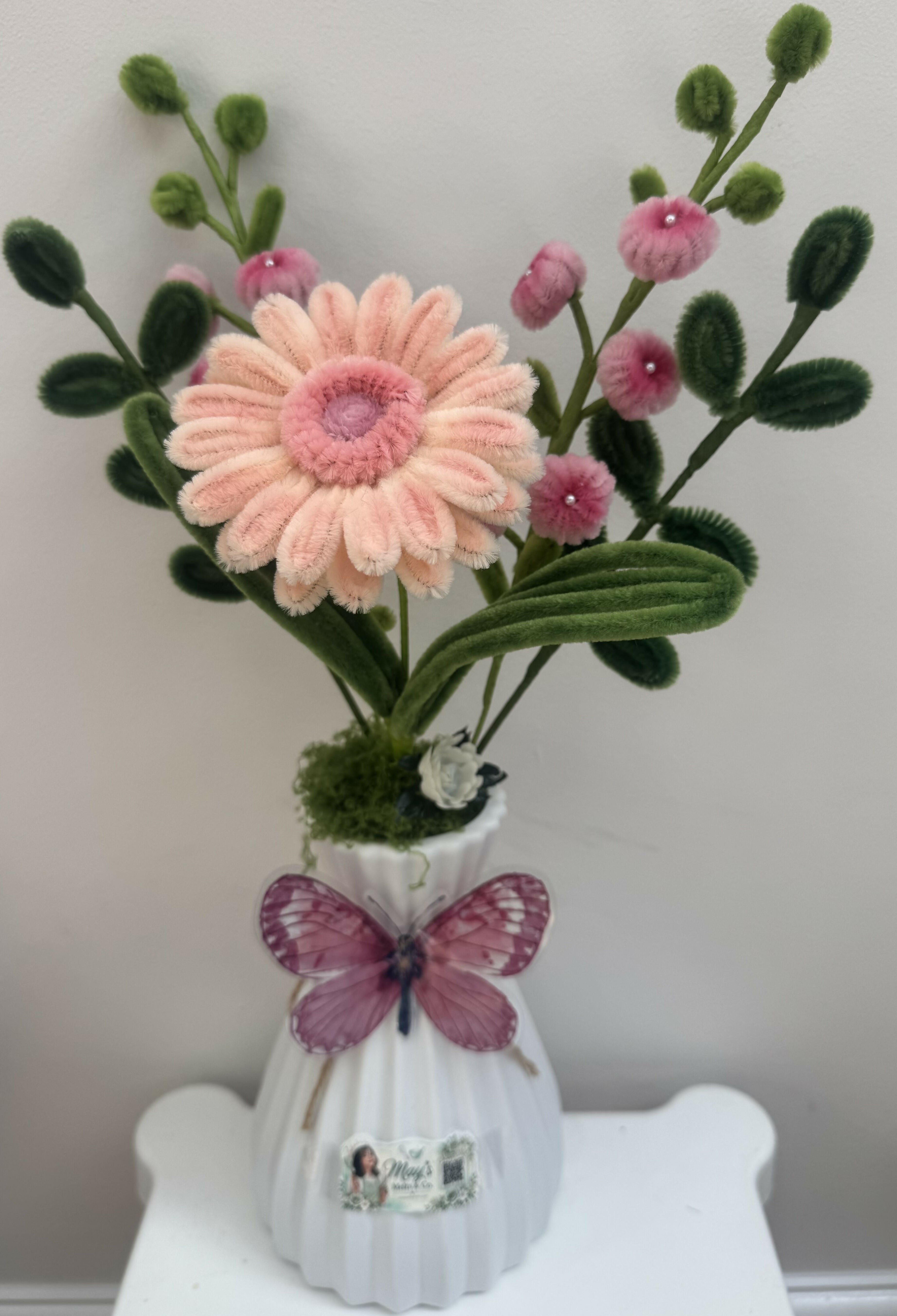 Handmade Chenille Gerbera Vase Arrangement – White Vase