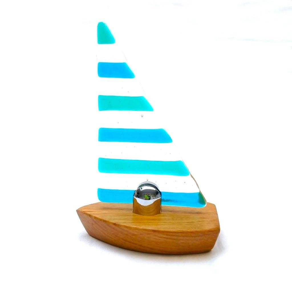 Emerald Green/Peacock Blue Fused Glass Sailing Boat On Solid Oak Base (Small)