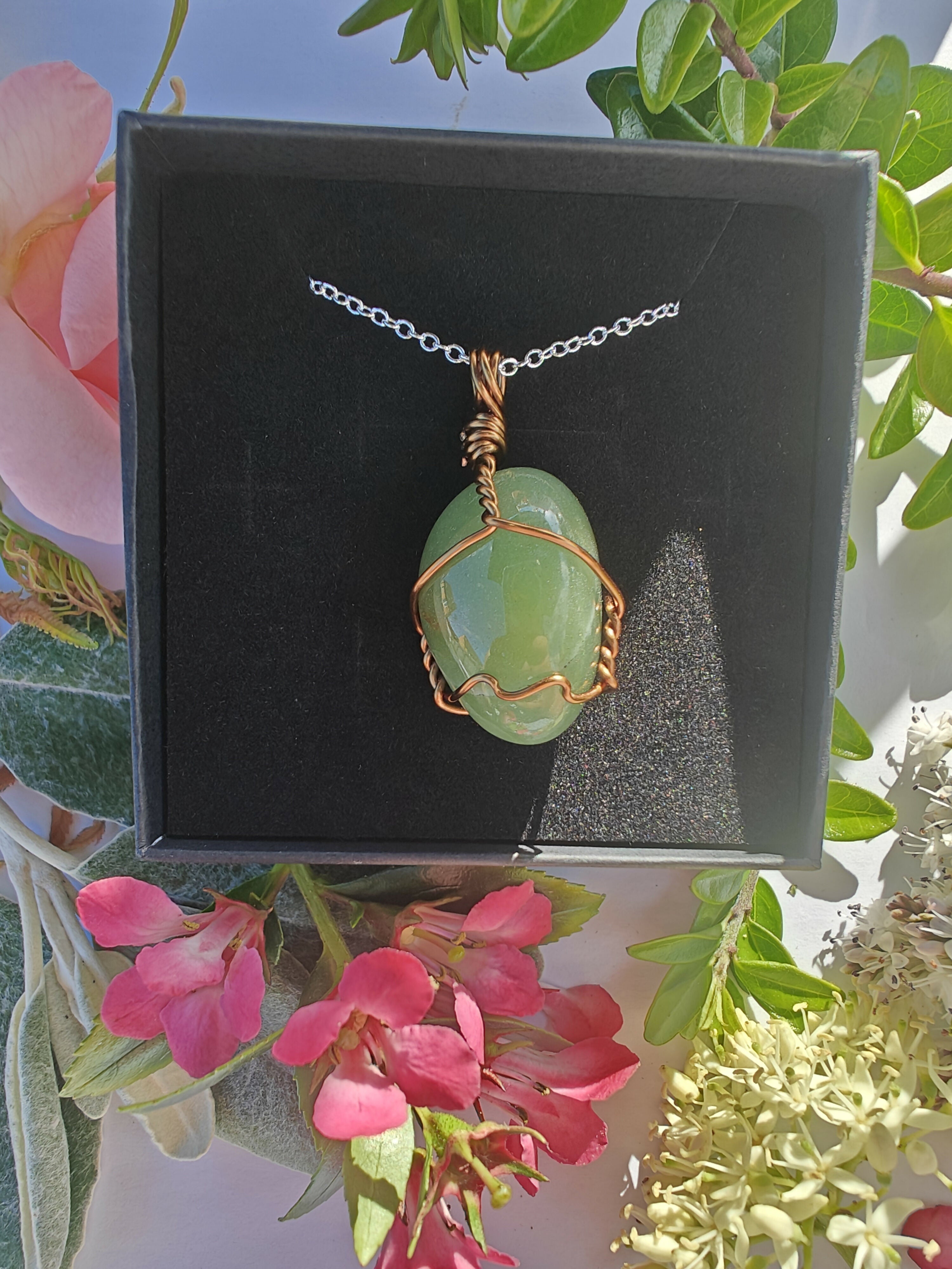 Green Aventurine Wire Wrapped Crystal Necklace on Sterling Silver Chain