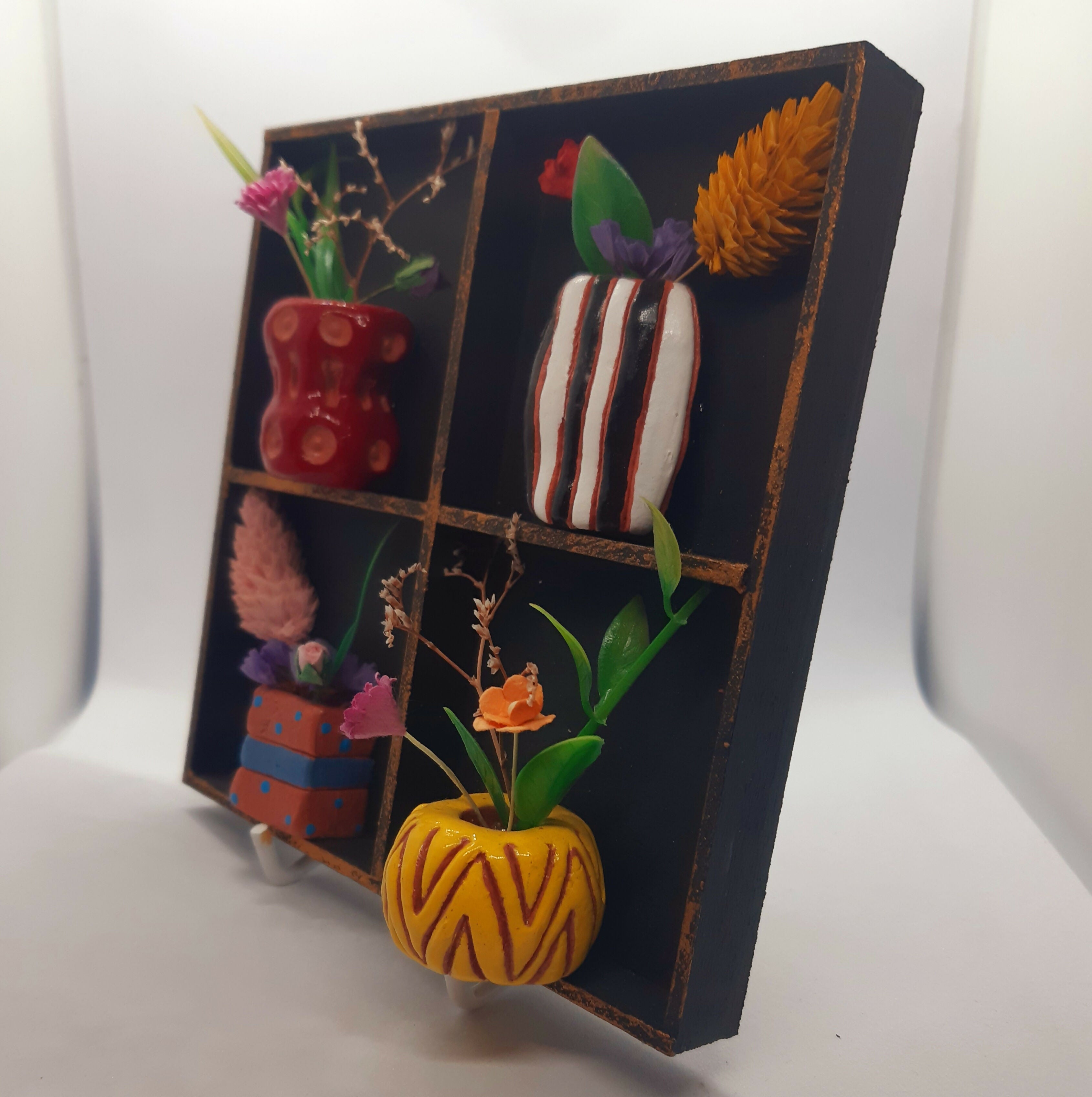 Colourful Vases and Faux Flowers in Black Painted Wooden Trinket Tray