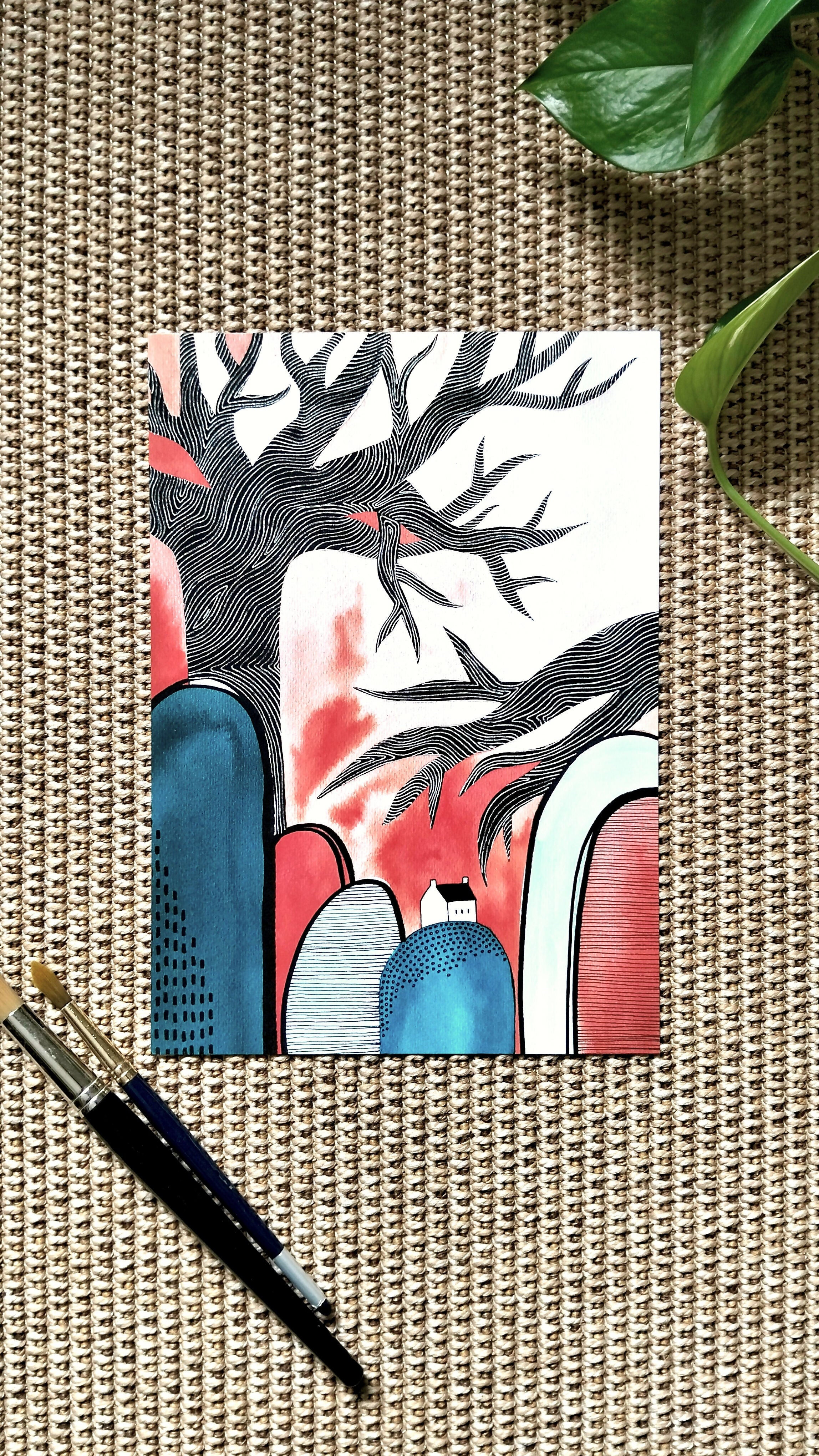 A4 Abstract Landscape Art Print | Cottage in the Trees
