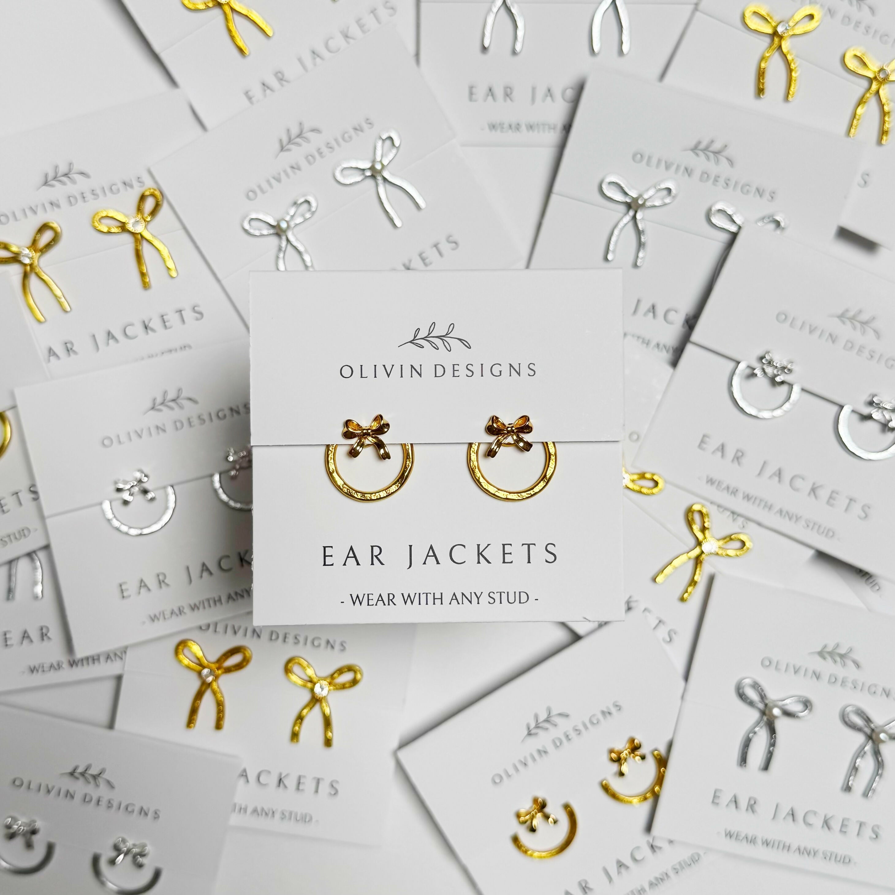 Bow Wreath Ear Jackets: Sterling Silver or 18K Gold Plated Studs