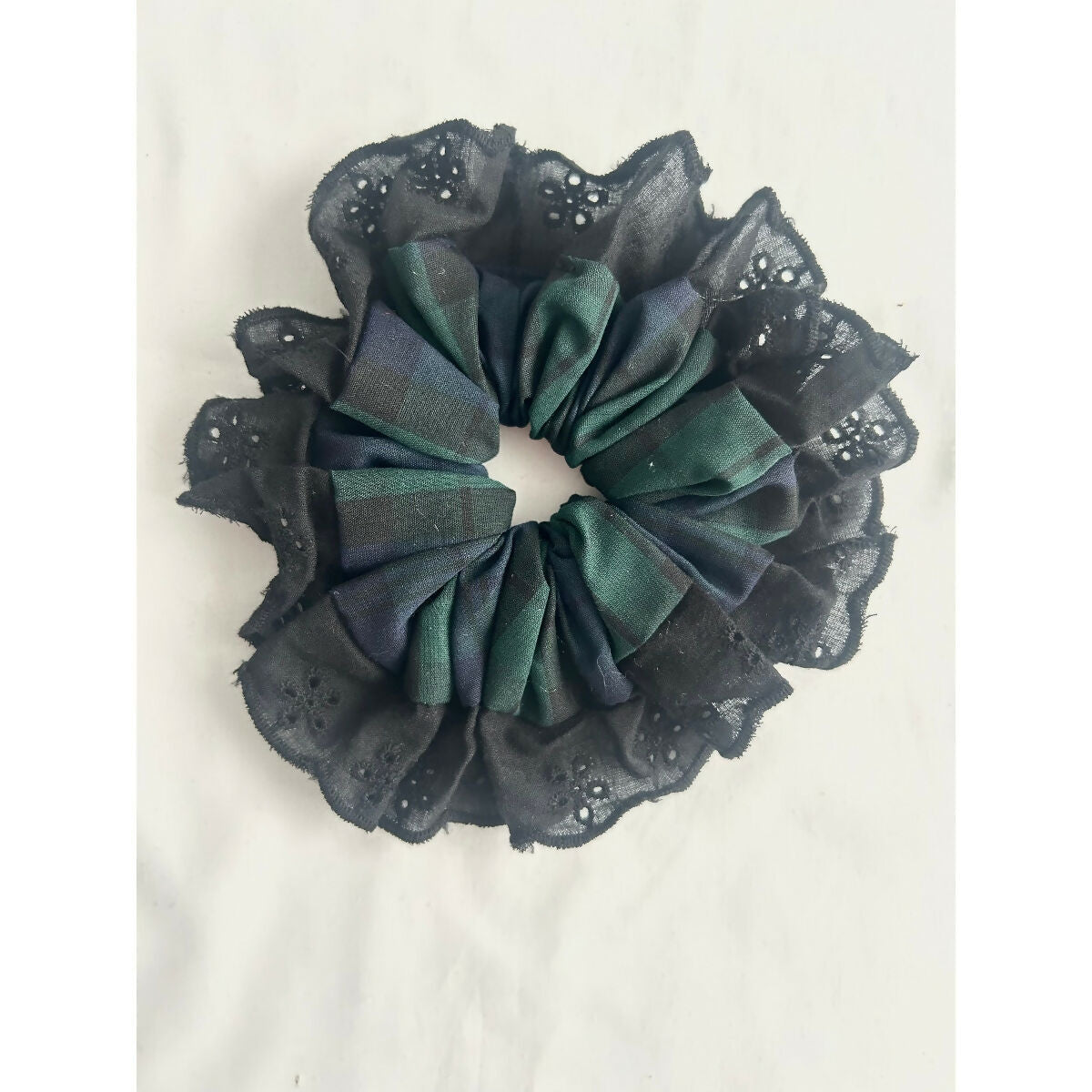Green & Blue Tartan Oversized Ruffle Broderie Lace Hair Scrunchie