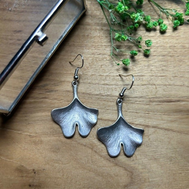 Antique Silver-Plated Ginkgo Leaf Earrings