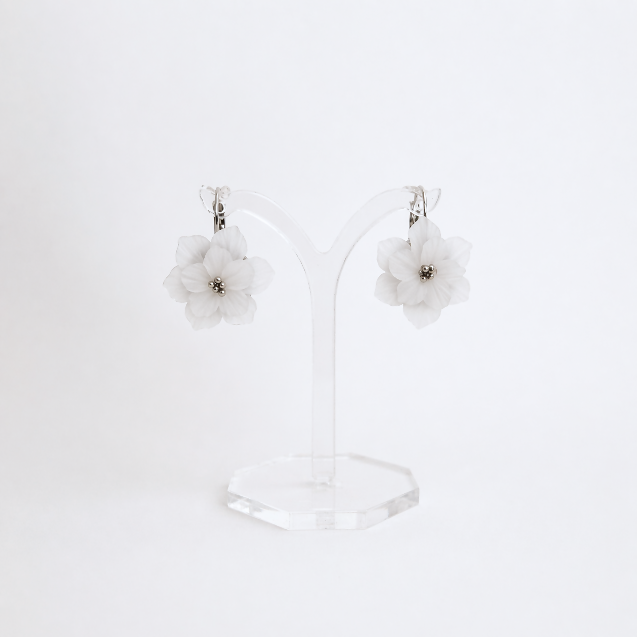 Translucent White Flower Drop Earrings with Silver Bead Centre