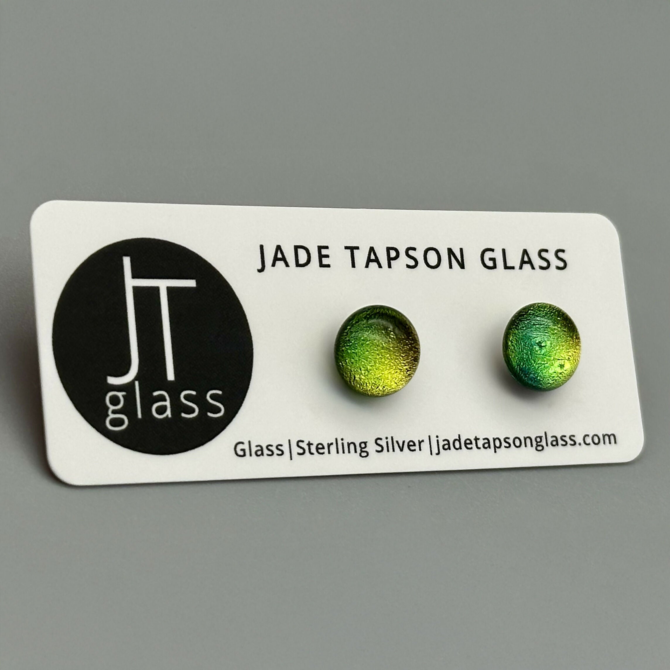 Yellow & Green Dichroic Fused Glass Sterling Silver Stud Earrings - Handmade by Jade Tapson Glass.
