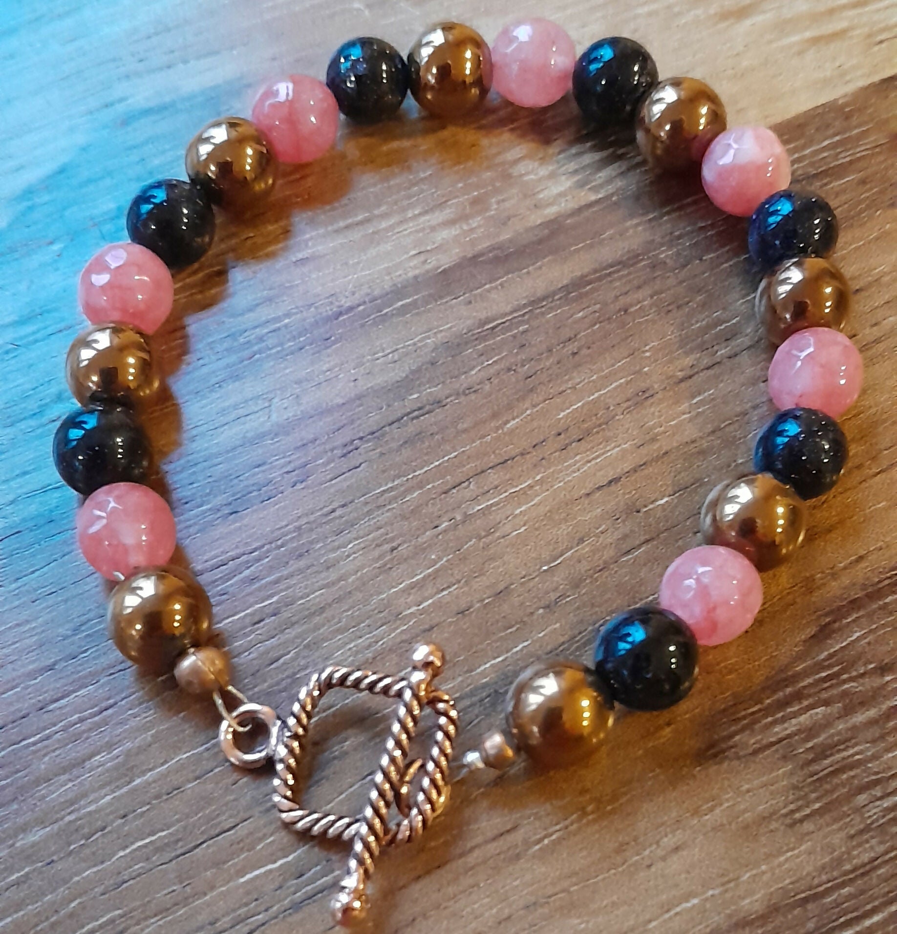 Gemstone Bracelet with Pure Copper Twist Toggle Catch, Copper Hematite, Strawberry Quartz and Navy Goldstone.
