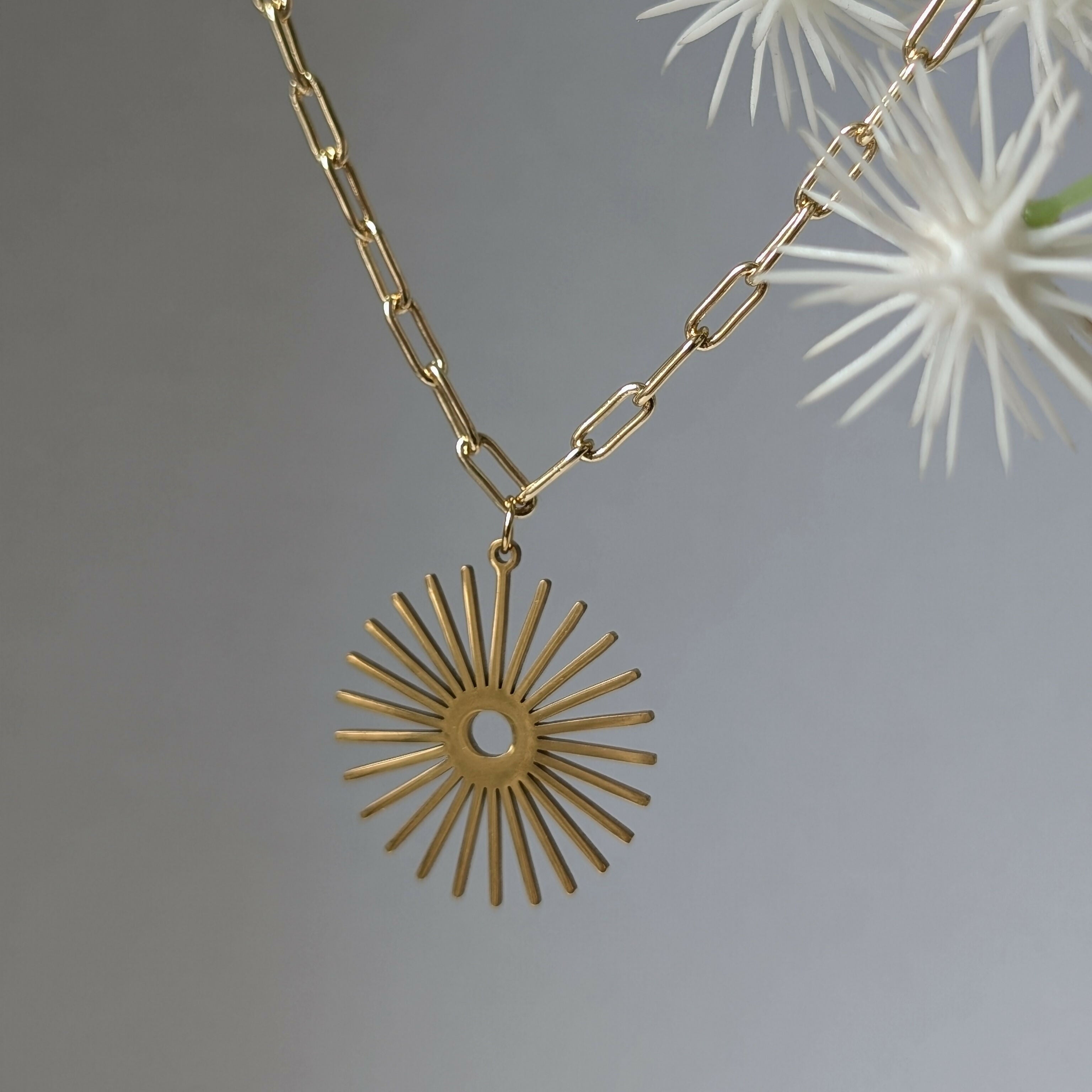 Gold Sunburst Necklace on Paperclip Chain