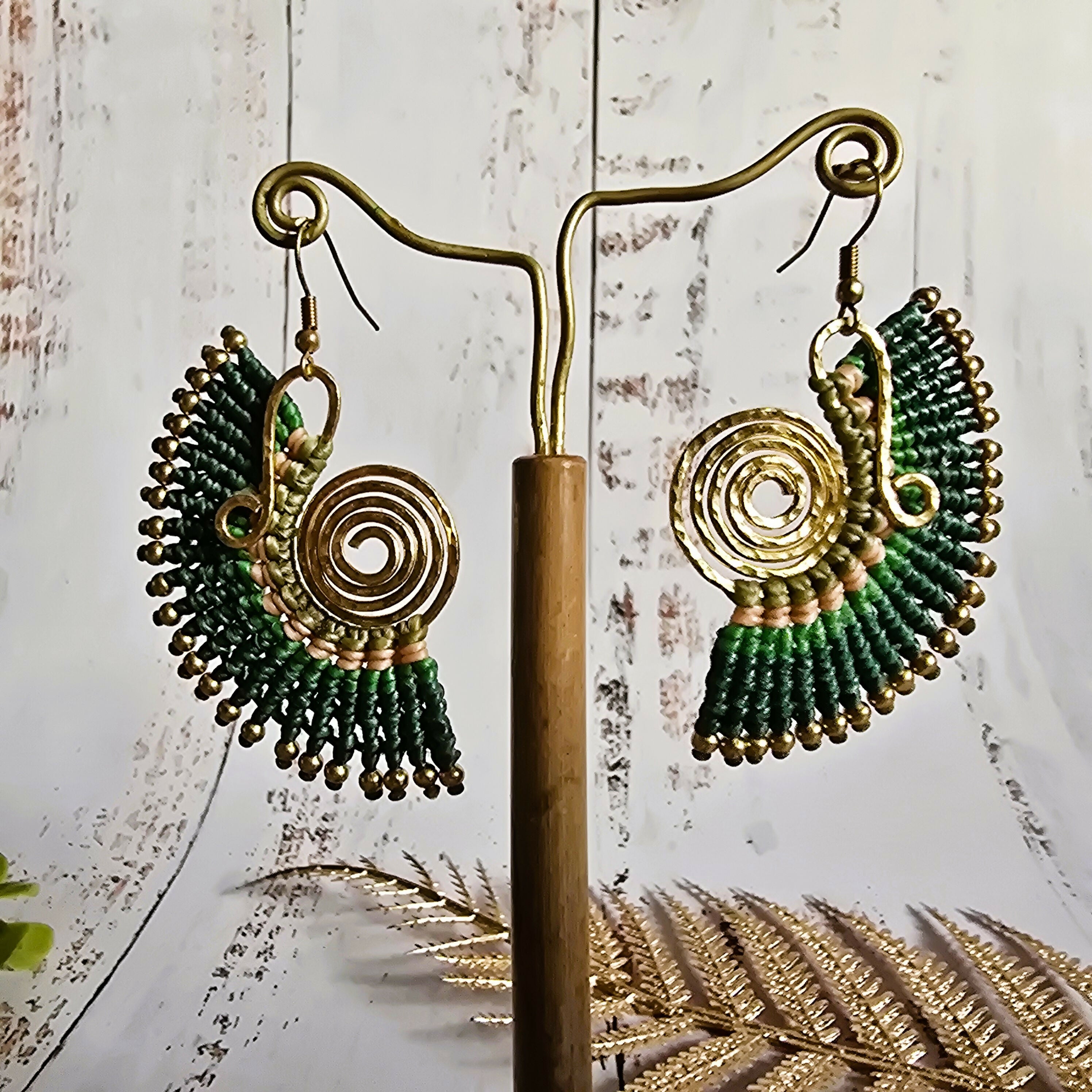 Green Fan Macrame Earrings; Ear Jacket Style Boho Nature Bold Statement Gold Spiral Earrings