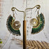 Green Fan Macrame Earrings; Ear Jacket Style Boho Nature Bold Statement Gold Spiral Earrings