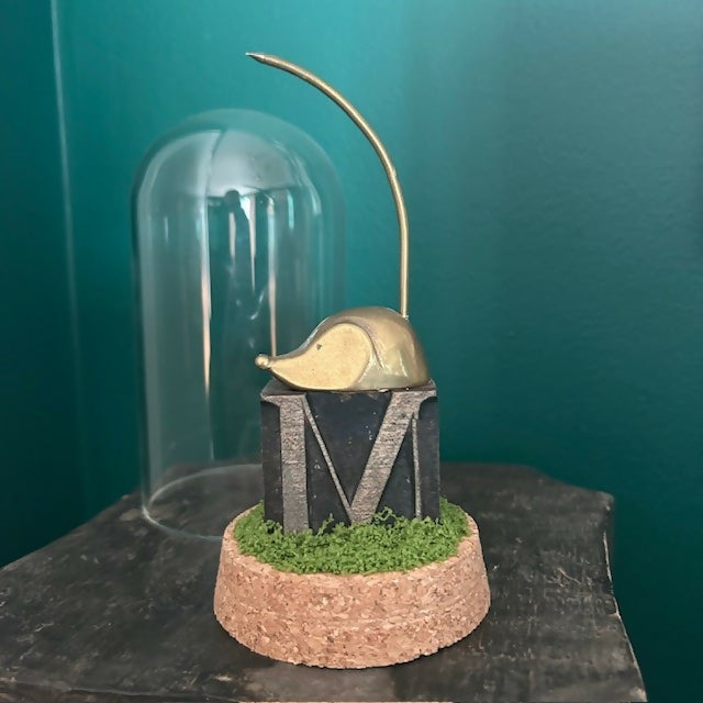 Lovely Glass Dome Featuring A Brass Mouse Sitting On An Antique Letter M Printing Block