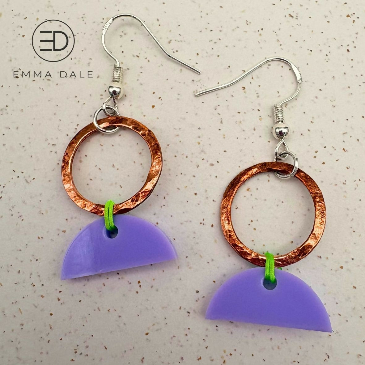 Lilac Acrylic & Hand-Hammered Copper Semi-Circle Earrings