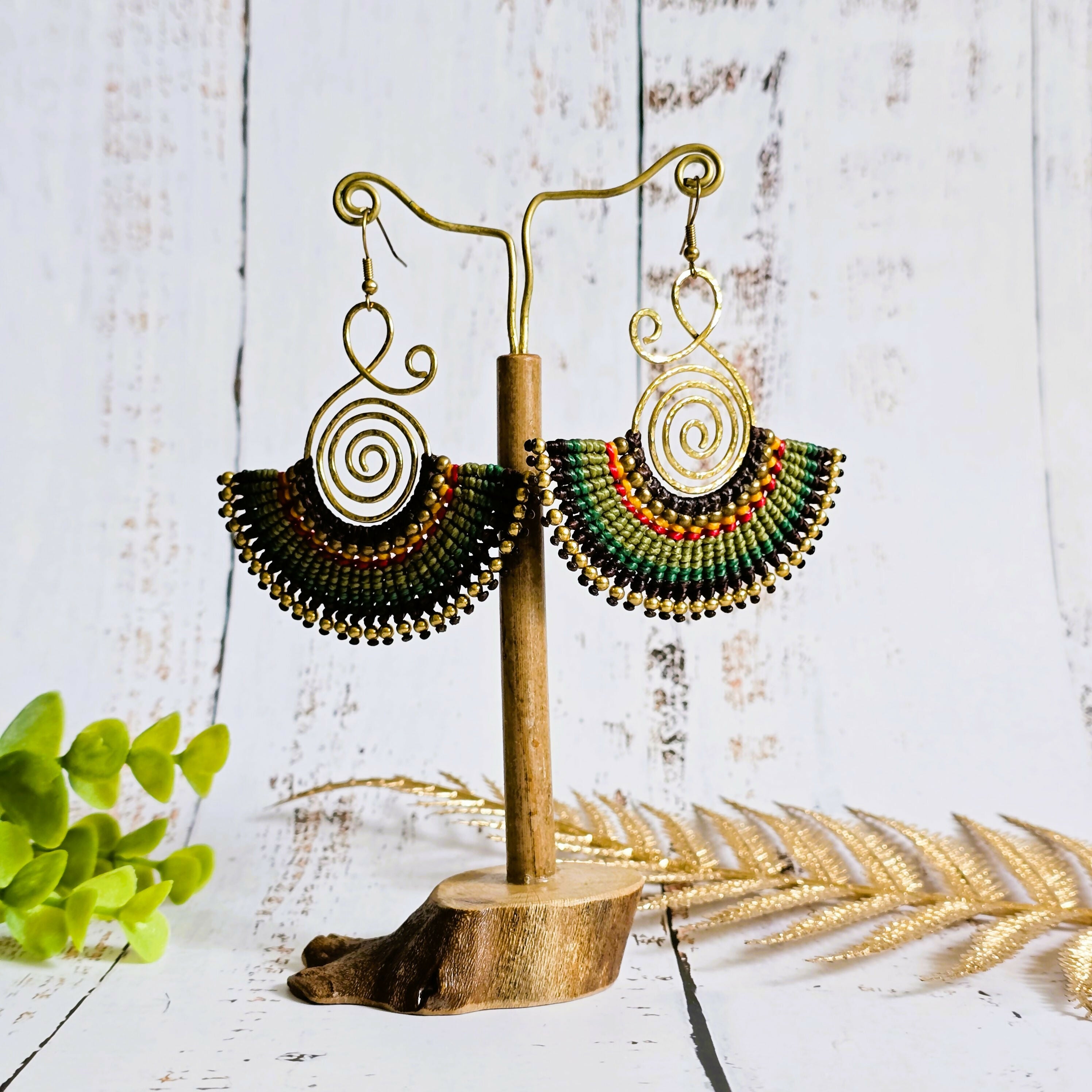 Emerald Green Fan Earrings; Bold Bohemian Macramé & Gold Wire-Art Statement Earrings