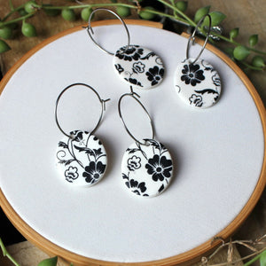 Monochrome Flower Print Oval Hoop Earrings
