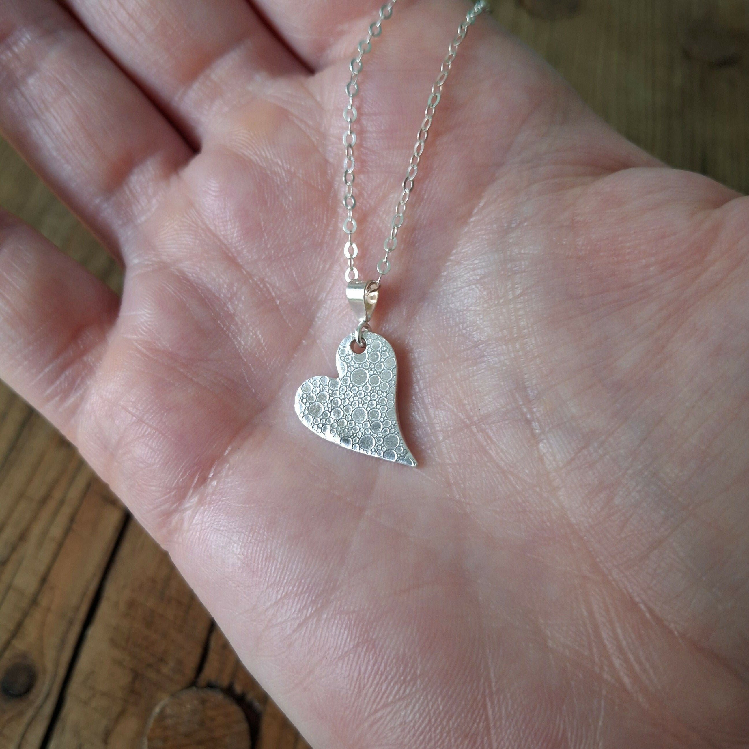 Handmade Silver Heart Necklace Bubble Texture