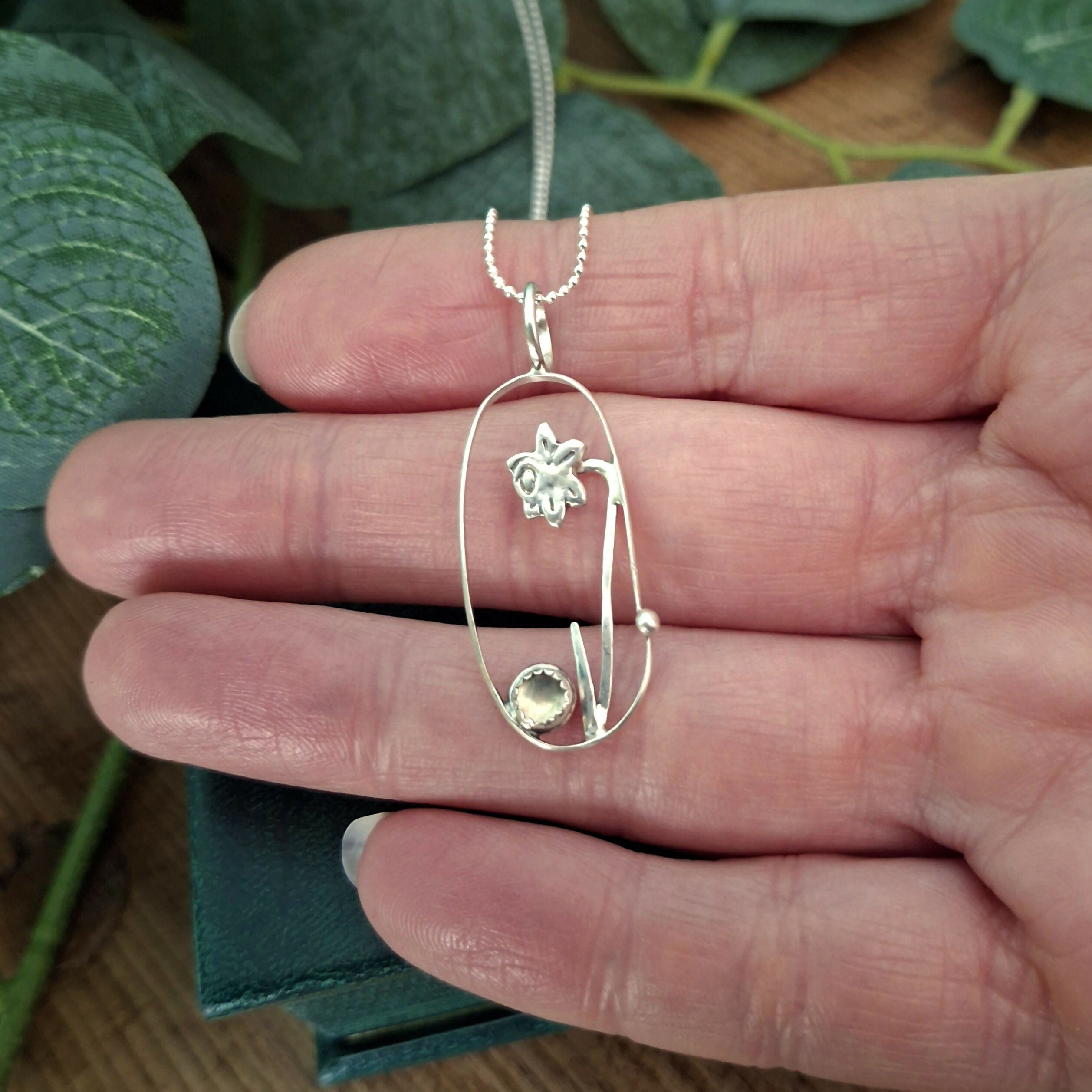 Handmade Oval Daffodil Silver Necklace