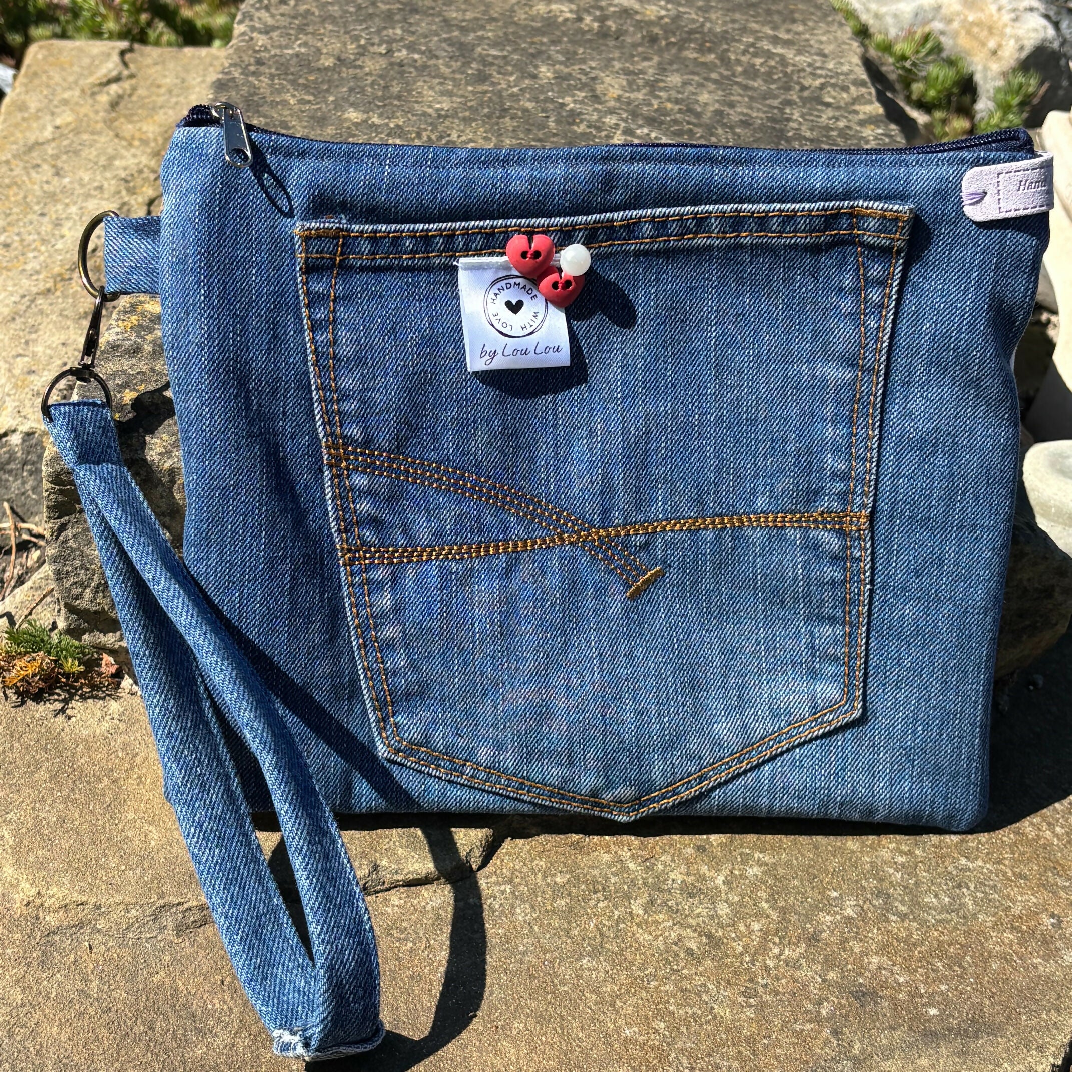 Unique Handcrafted Clutch Purse Wristie Bag Made From Upcycled Jeans And Fabric