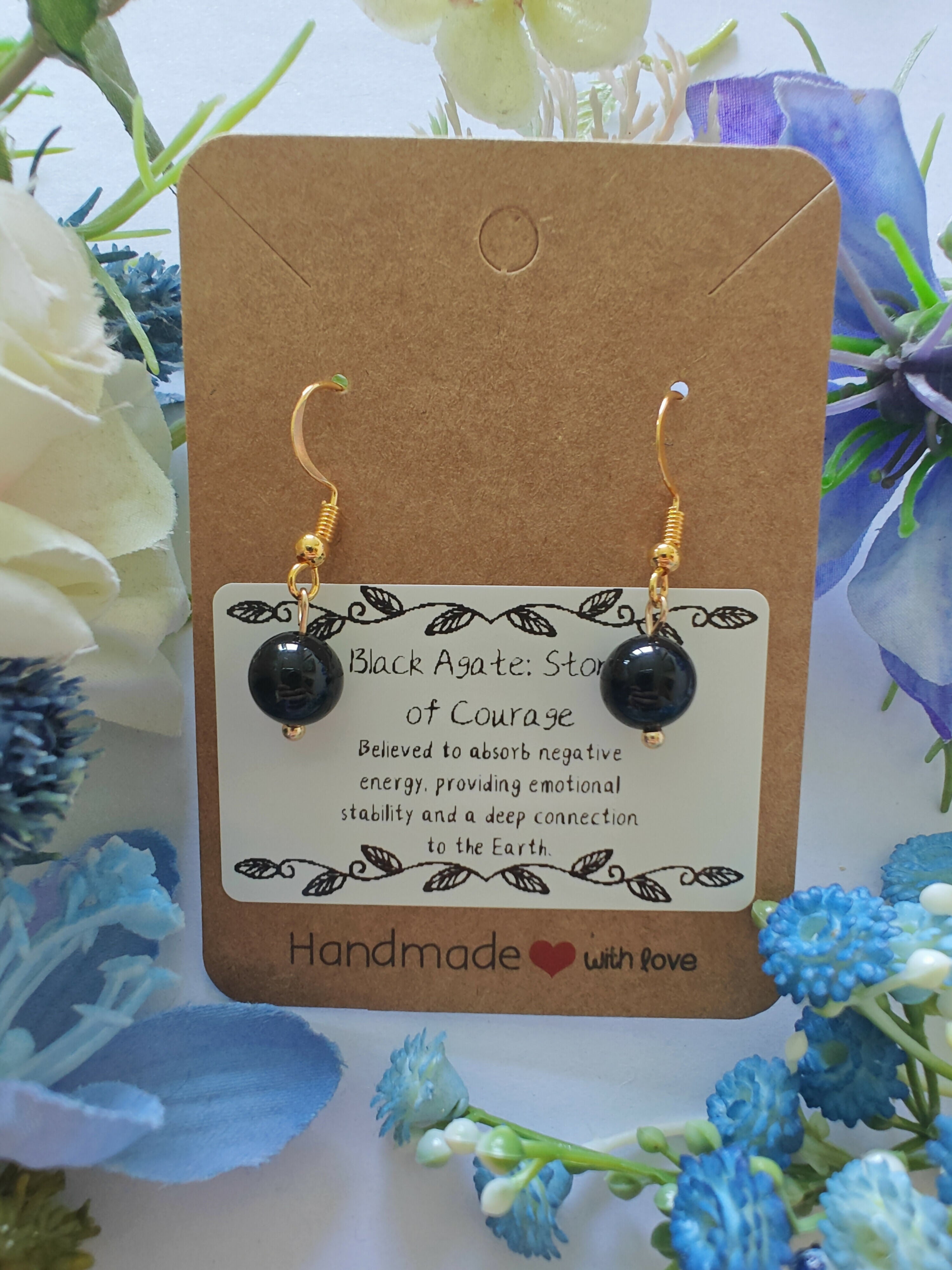 Black Agate Earrings on Gold Coloured Sterling Silver Plated Hooks