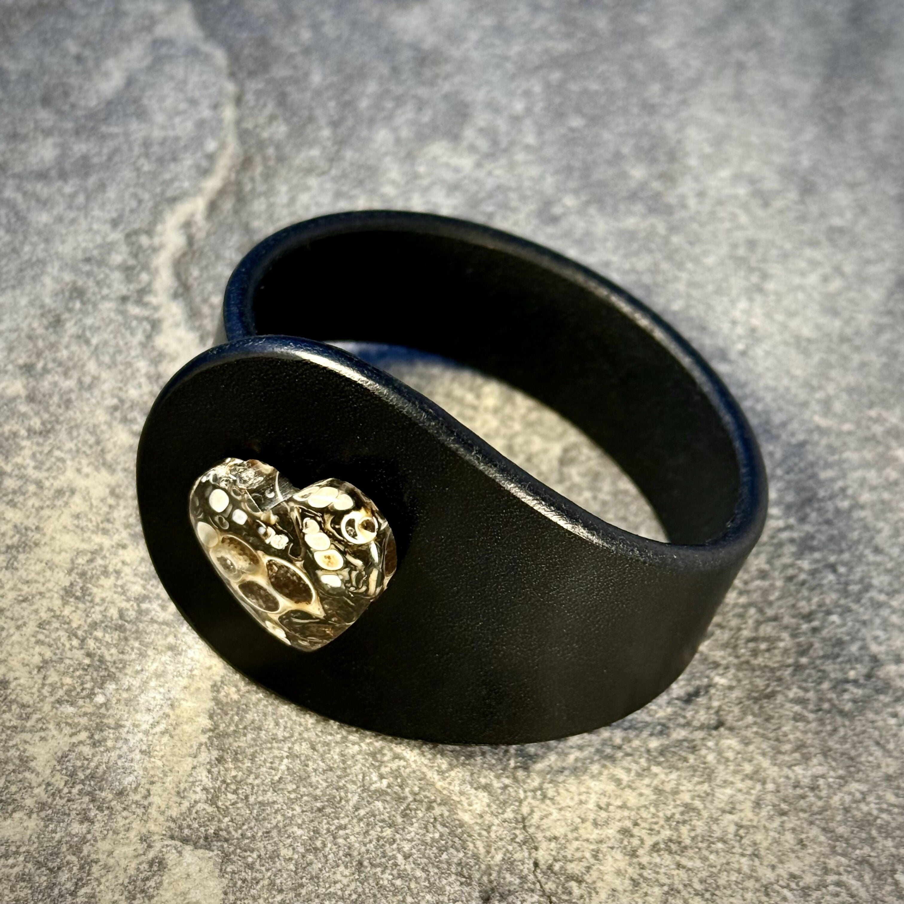 Handcrafted Natural Leather & Heart-Shaped Turritella Fossil Gemstone Bracelet - Size S or M