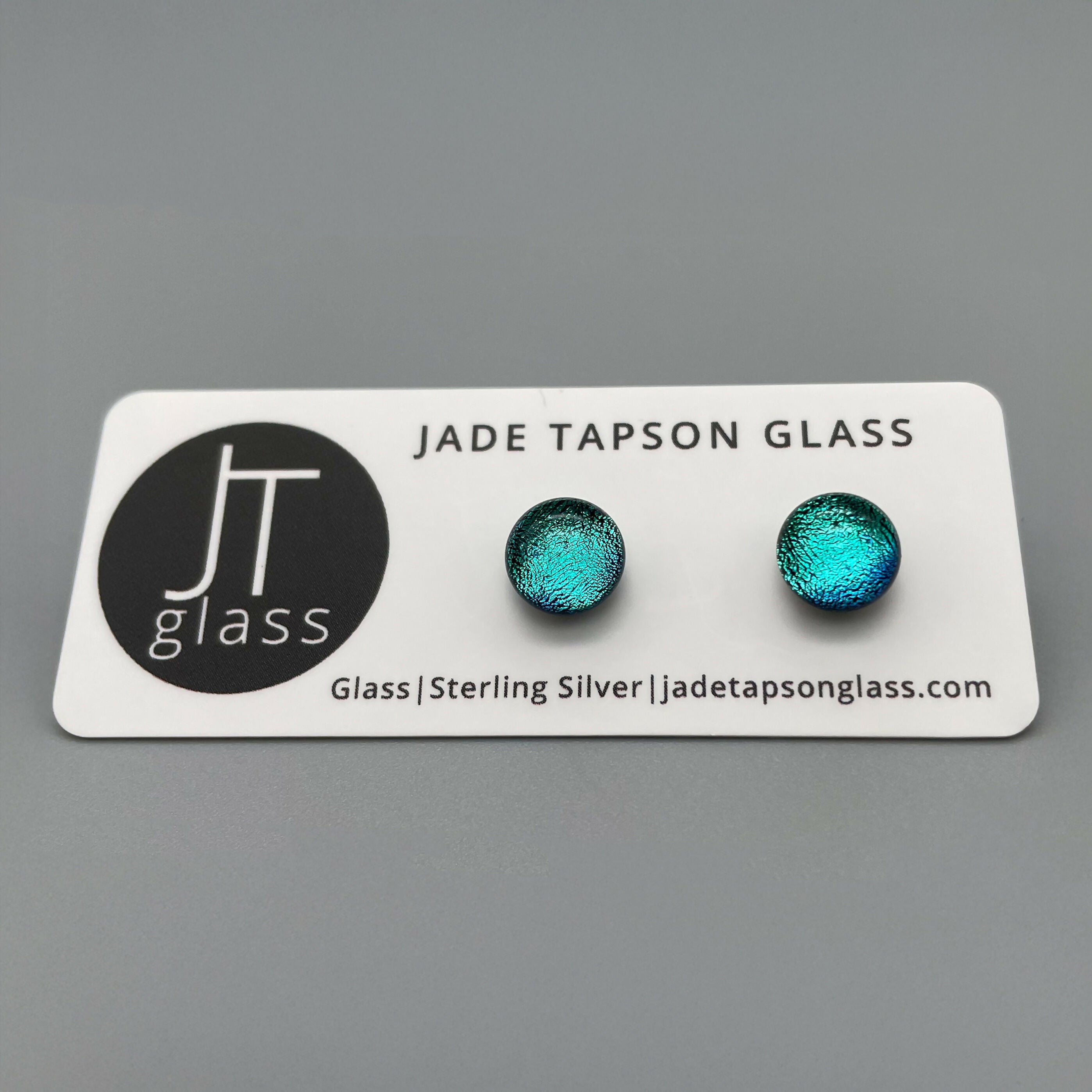 Light Blue Dichroic Fused Glass Sterling Silver Stud Earrings - Handmade by Jade Tapson Glass.