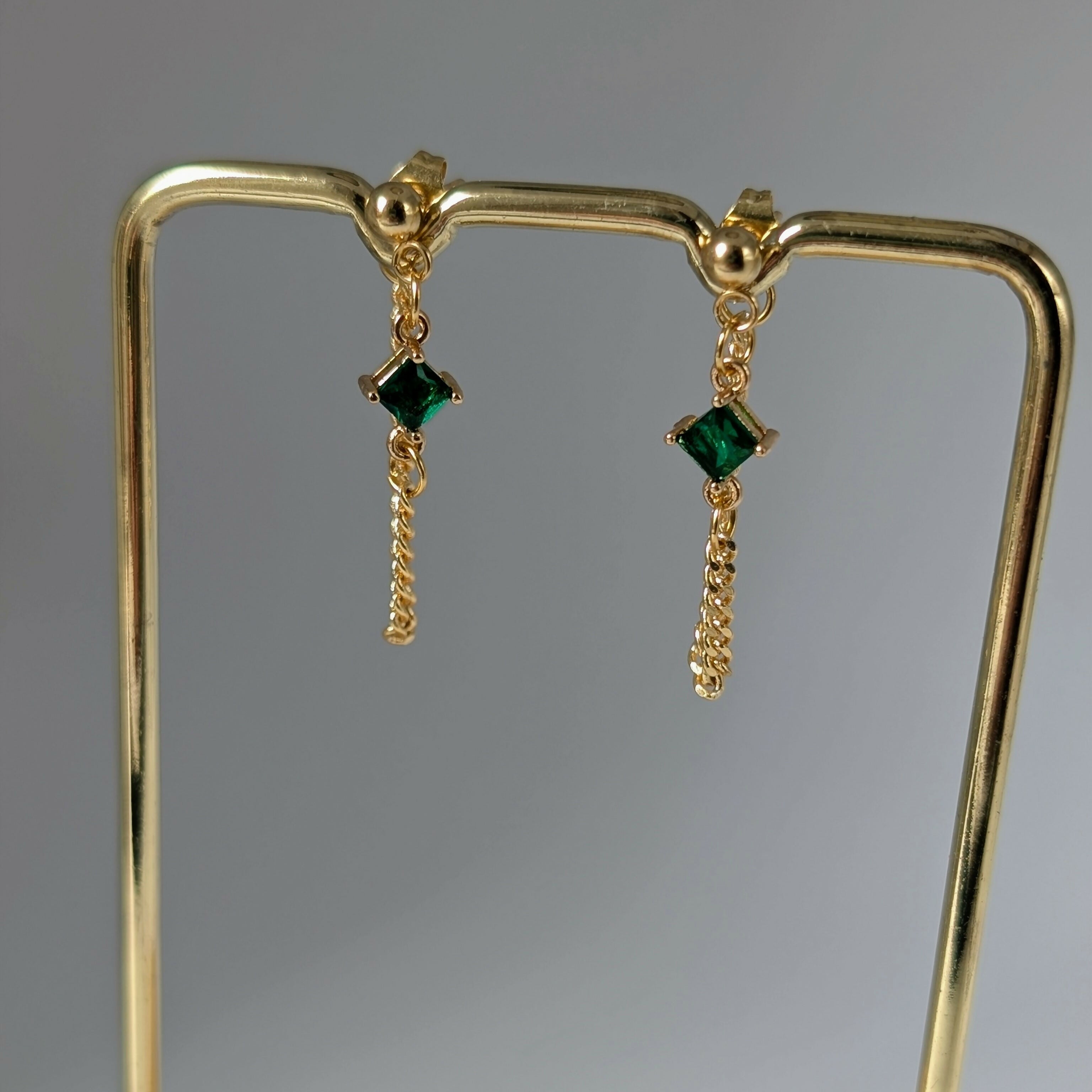 Emerald Green Zirconia Chain Earrrings on Gold Plated Ball Stud