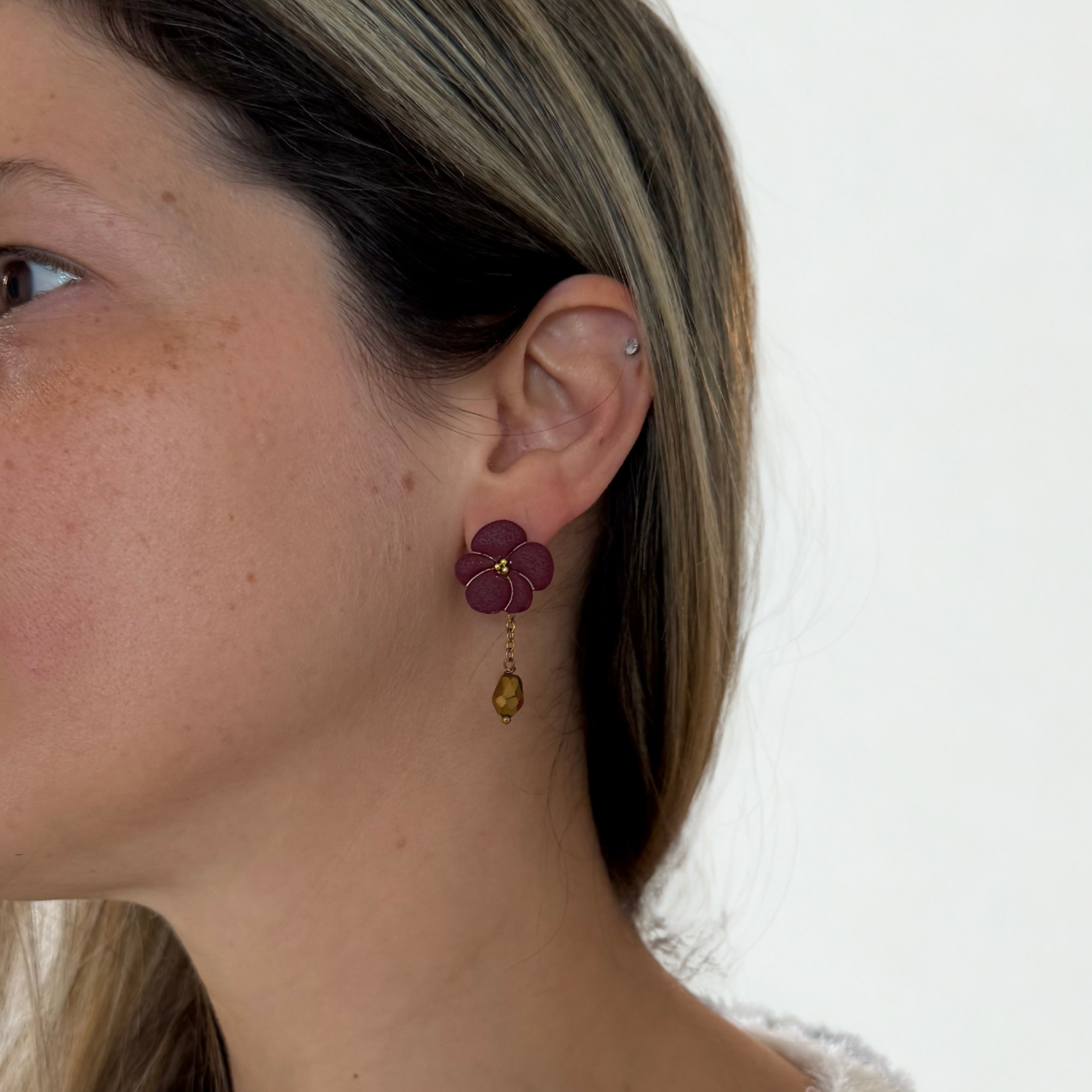Burgundy Flower Drop Earrings with Gold Chain and Crystal Bead