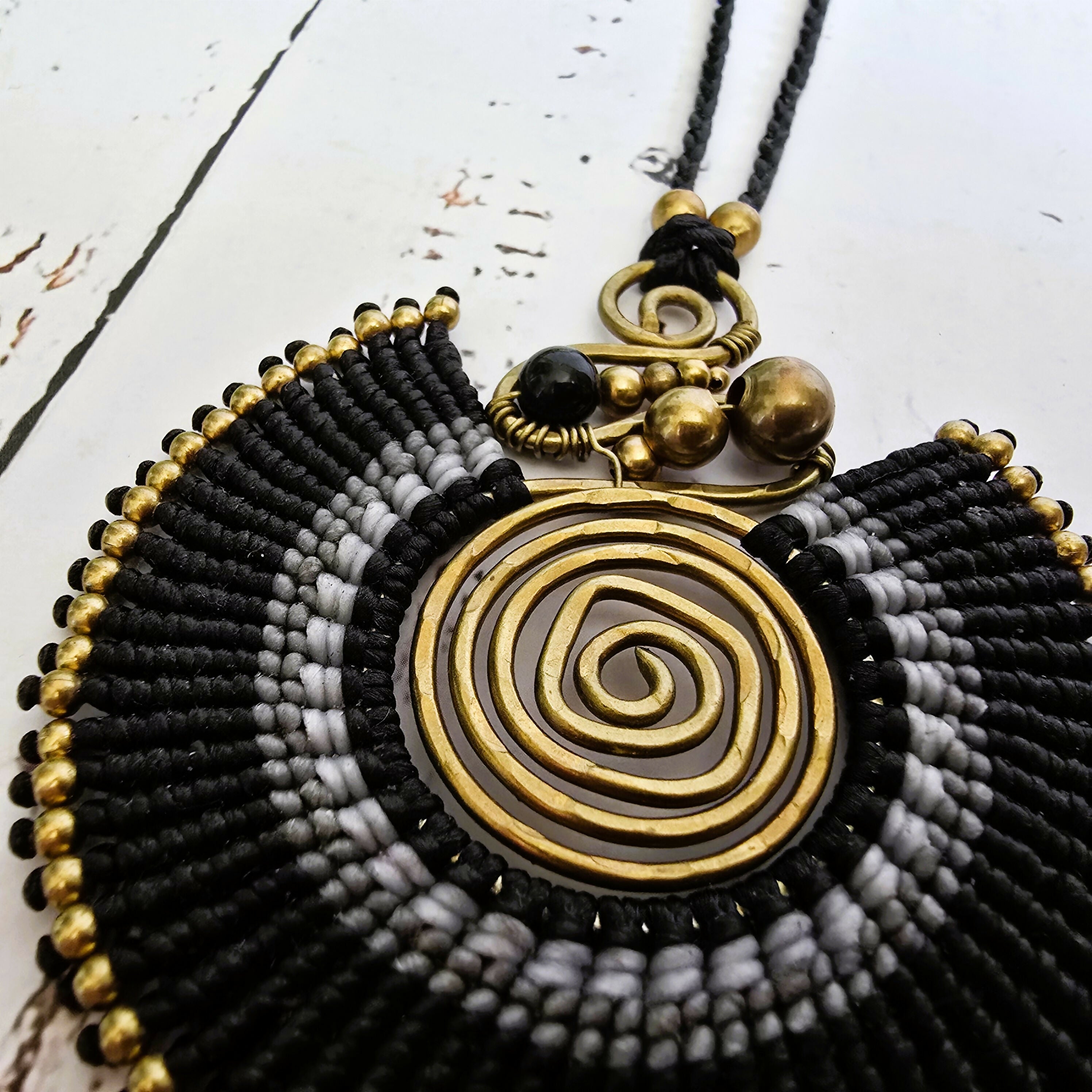 Black Agate Macramé Necklace; Full Moon Boho Statement Pendant with Gold Spiral