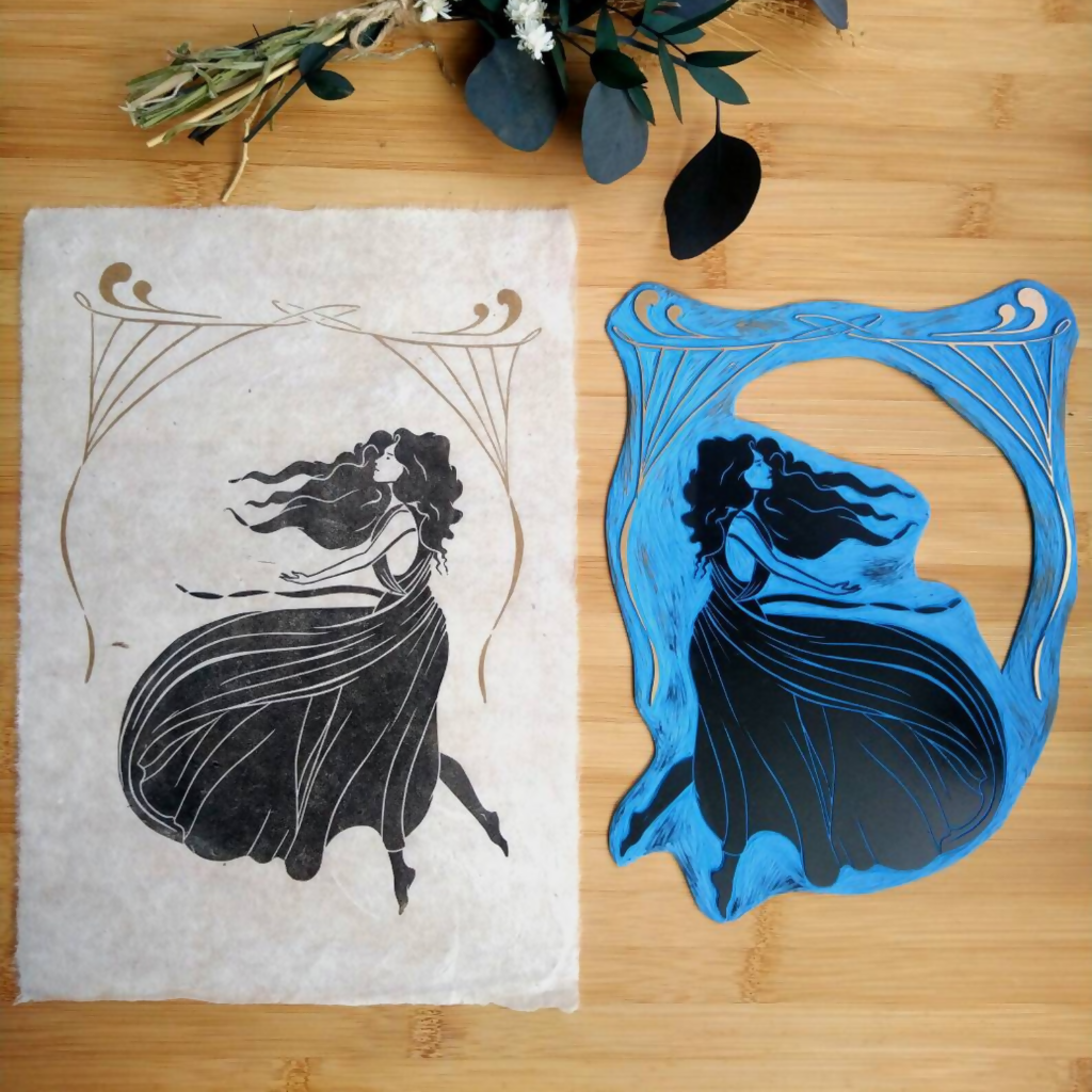 LEARNING TO FLY ART NOUVEAU LINO PRINT
