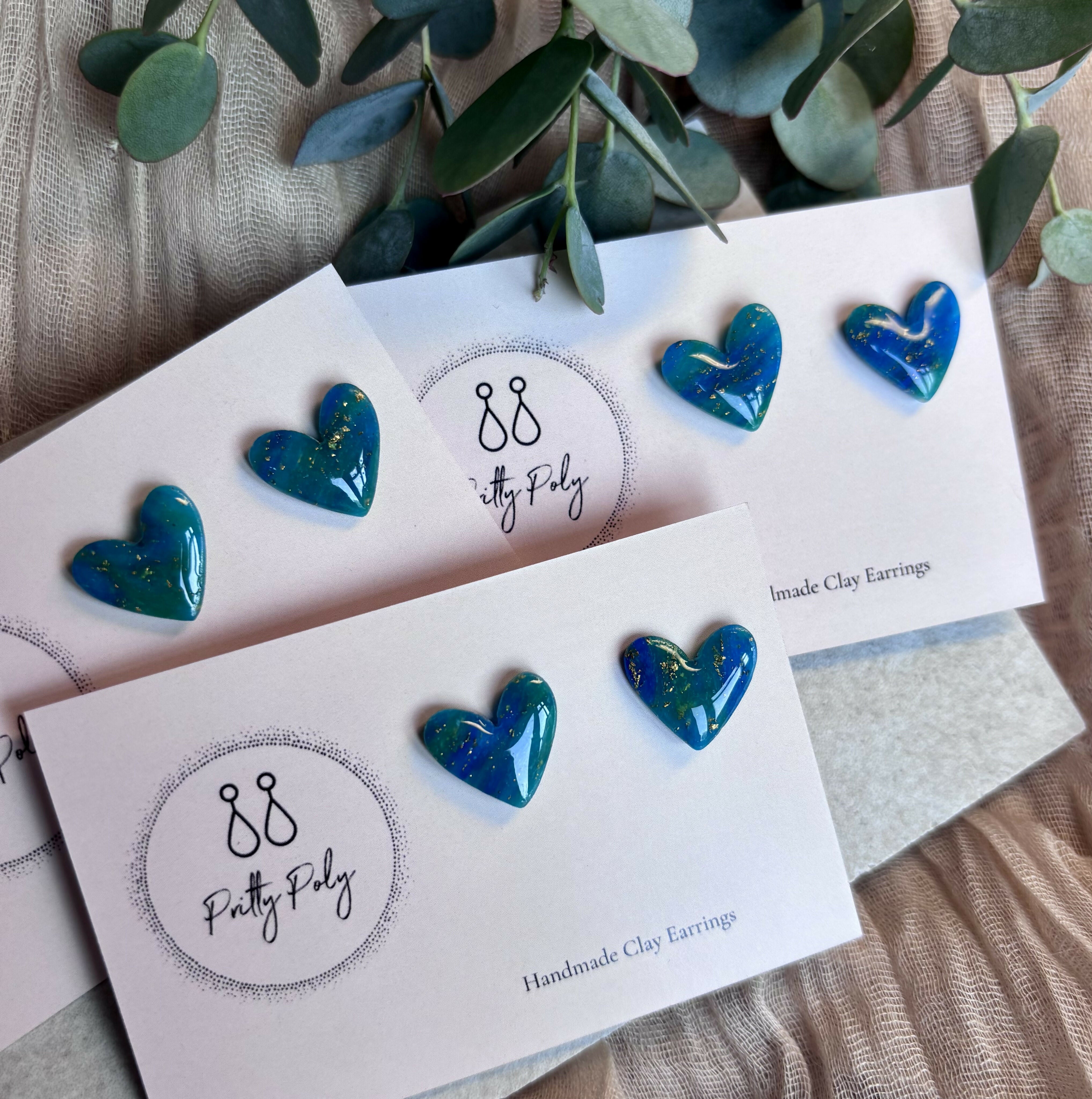 Blue and Gold Fleck Heart Polymer Clay Studs