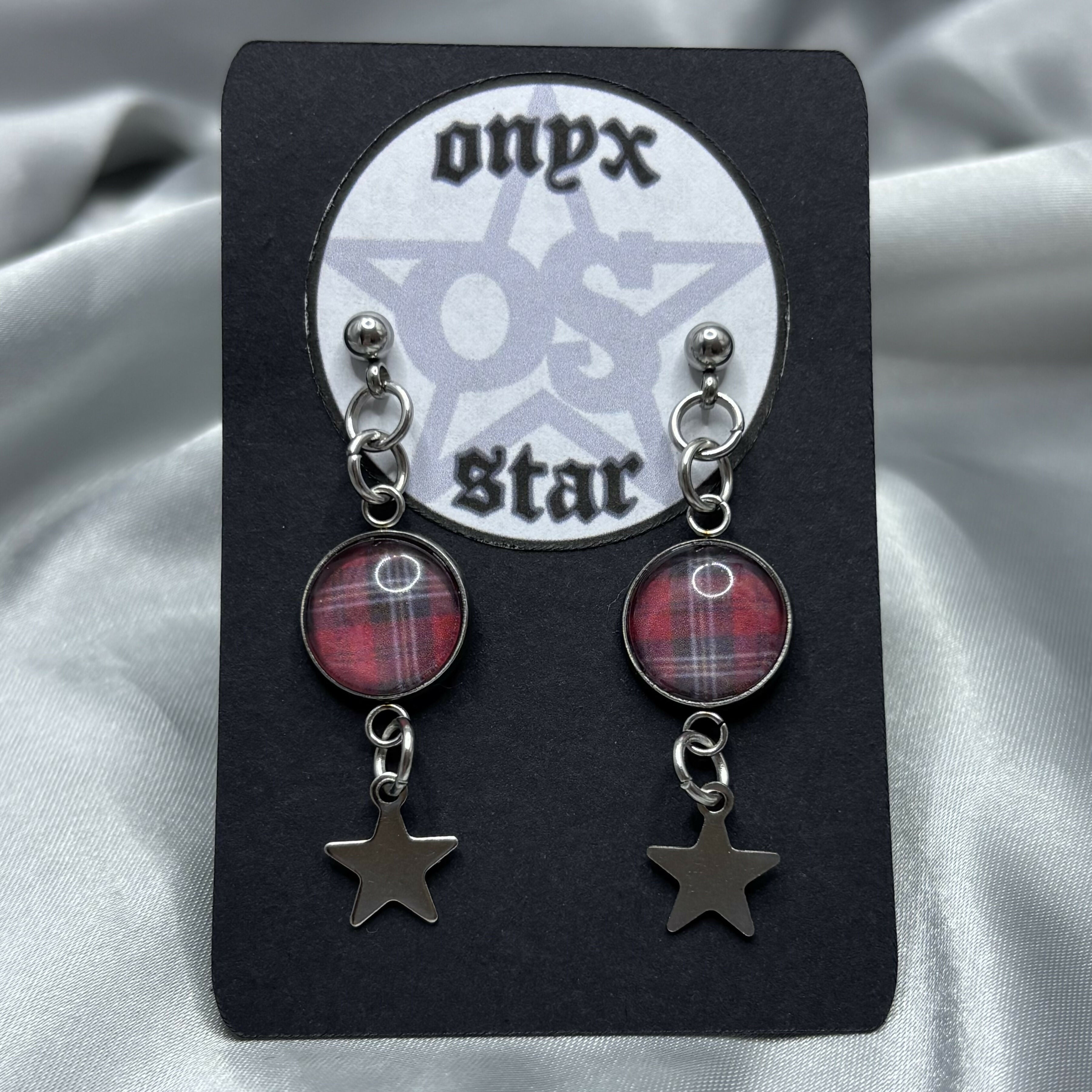 Red Tartan Star Dangle Earrings