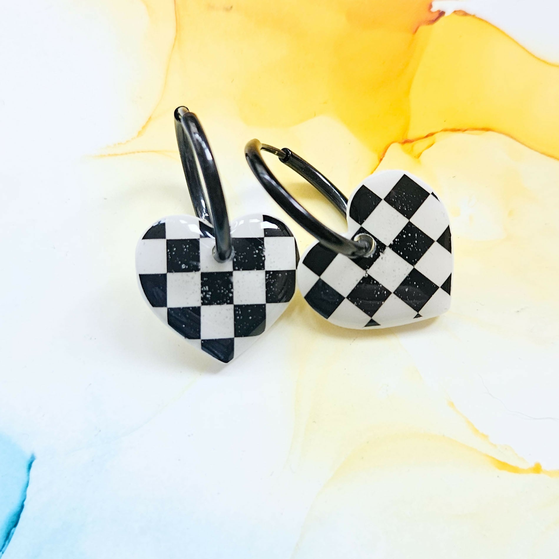 Handmade Red Tartan Or White Black Checked Heart Resin Charms On Black Hoops