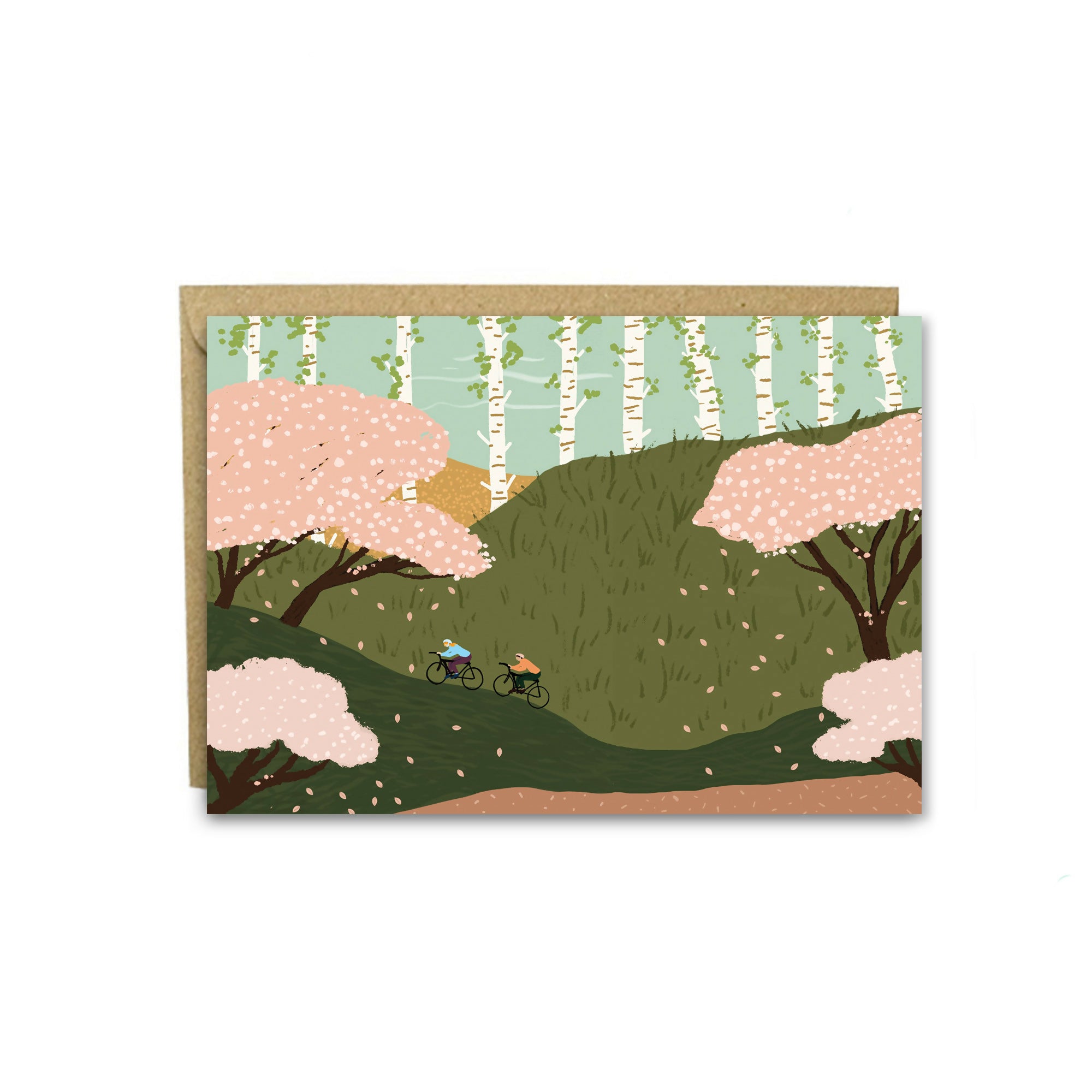Cherry Blossom Cyclists Greetings Card