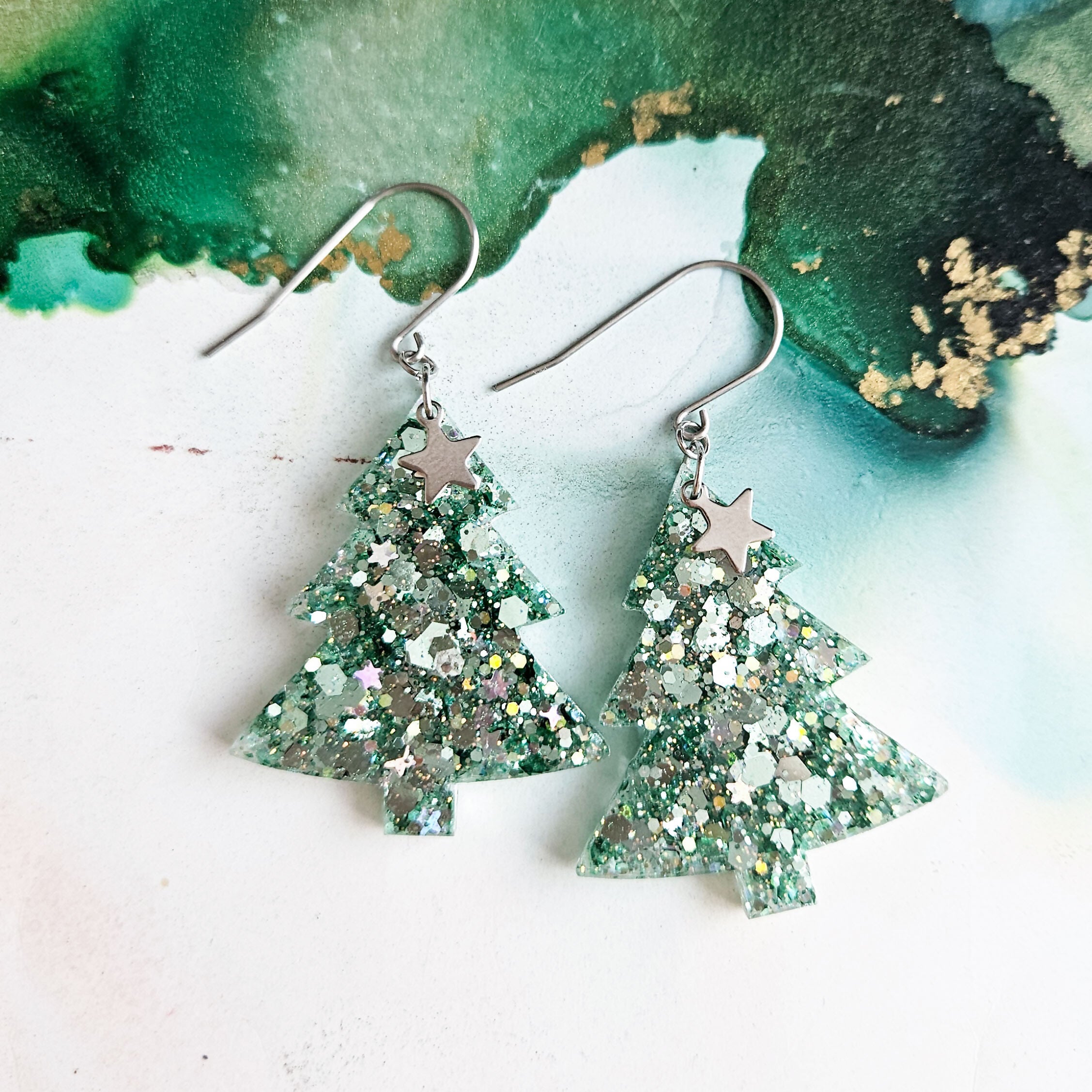 Handmade XL Glitter Resin Christmas Trees Earrings
