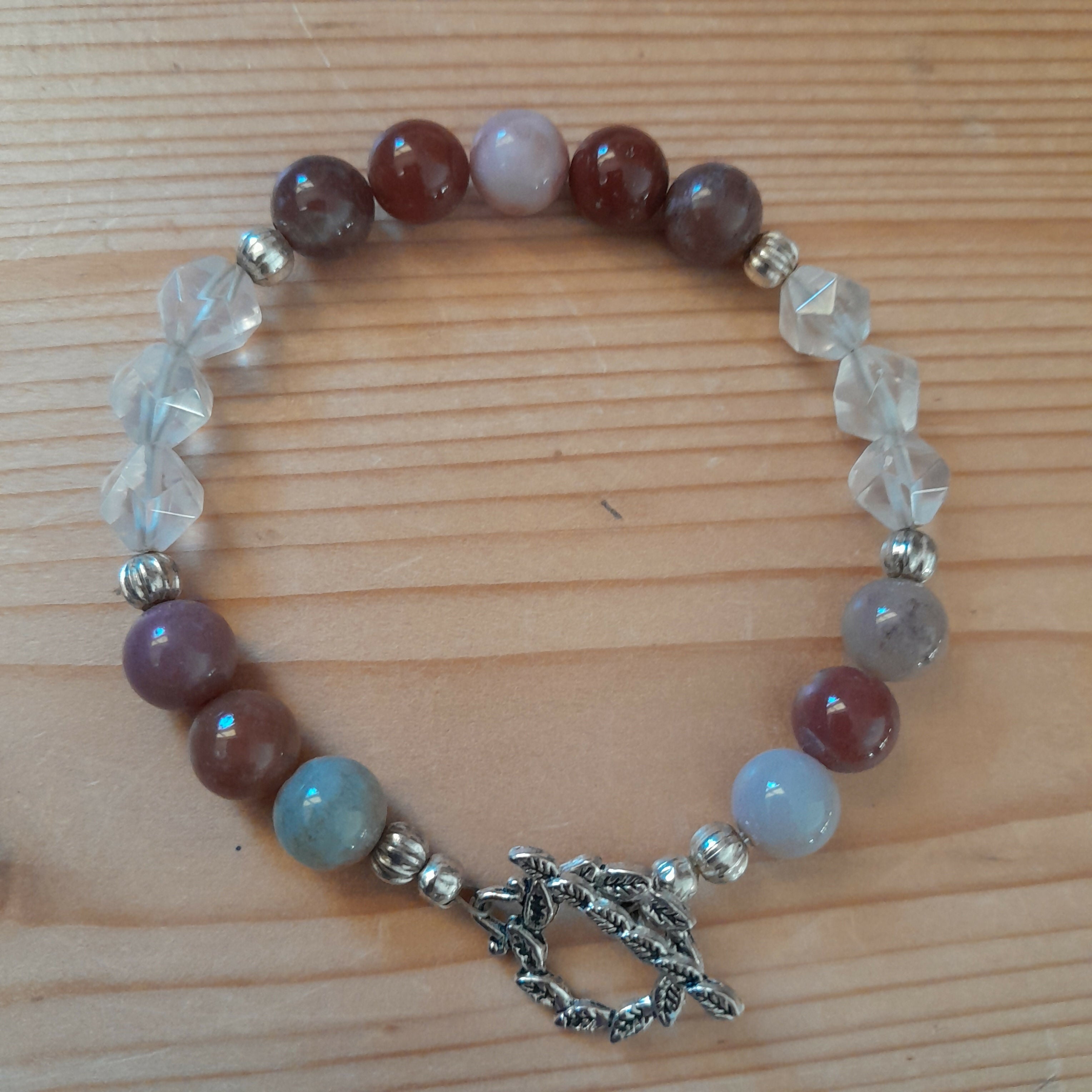 Tibetan Silver Toggle Catch Bracelet with Multi-coloured Orchard Agates, Tibetan Silver Melon Spacer Beads & Faceted Rose Quartz.