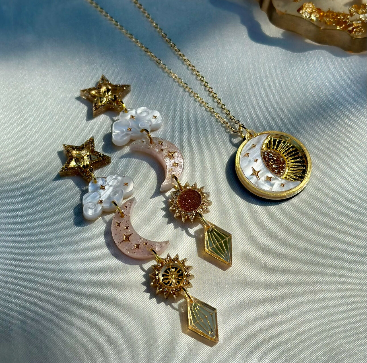 Dreamy, Celestial, Sun, Moon And Star Dangly Statement Earrings